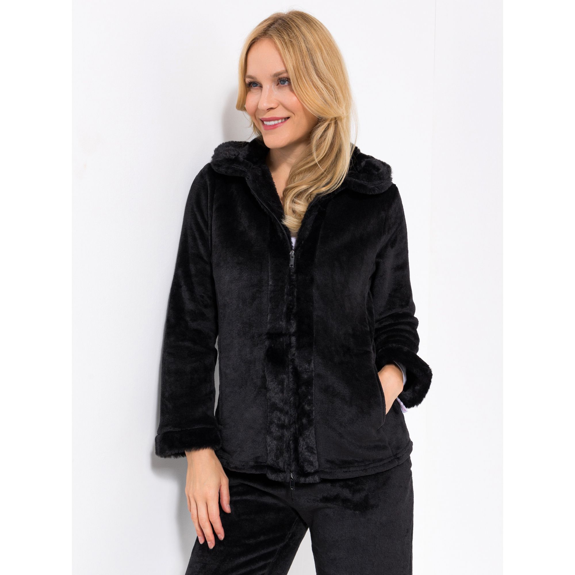 B-Ware MONT CHALET Homewear uni Damen-Jacke Fellimitatbesatz Bubikragen