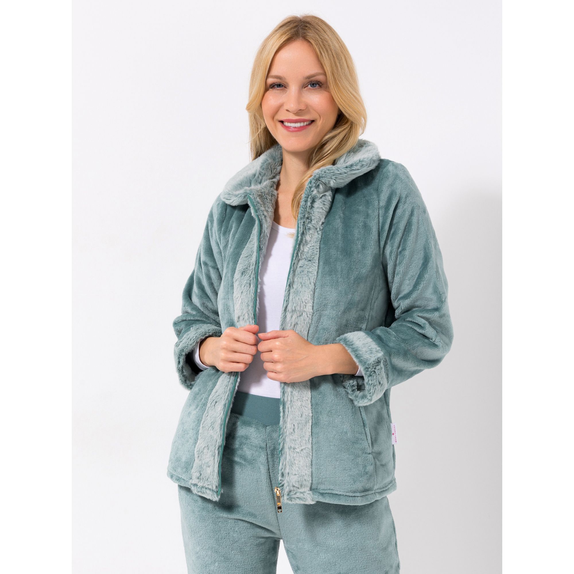 B-Ware MONT CHALET Homewear uni Damen-Jacke Fellimitatbesatz Bubikragen
