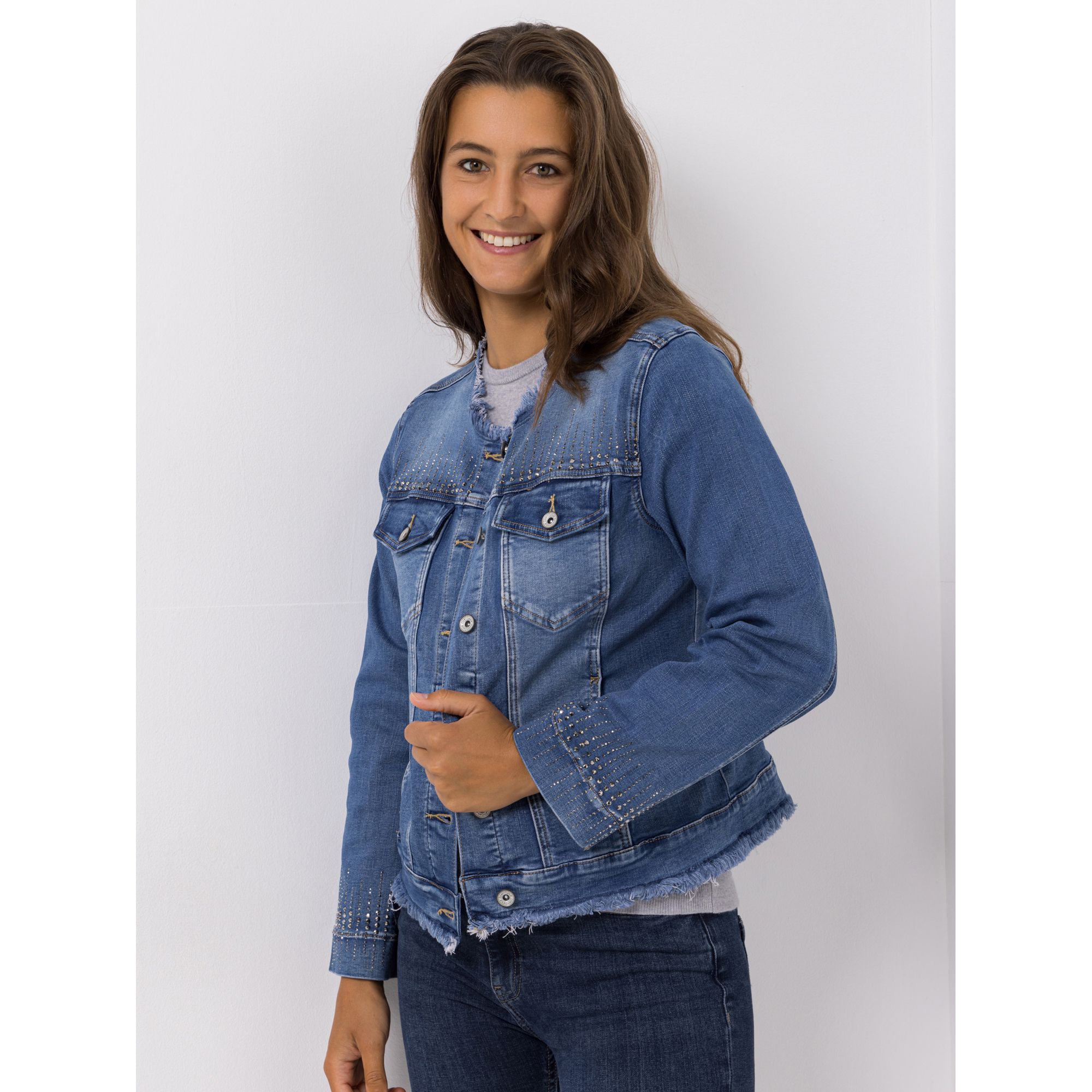 B-Ware DINE 'N' DANCE Jeansjacke Rundhalsausschnitt 2 Eingrifftaschen