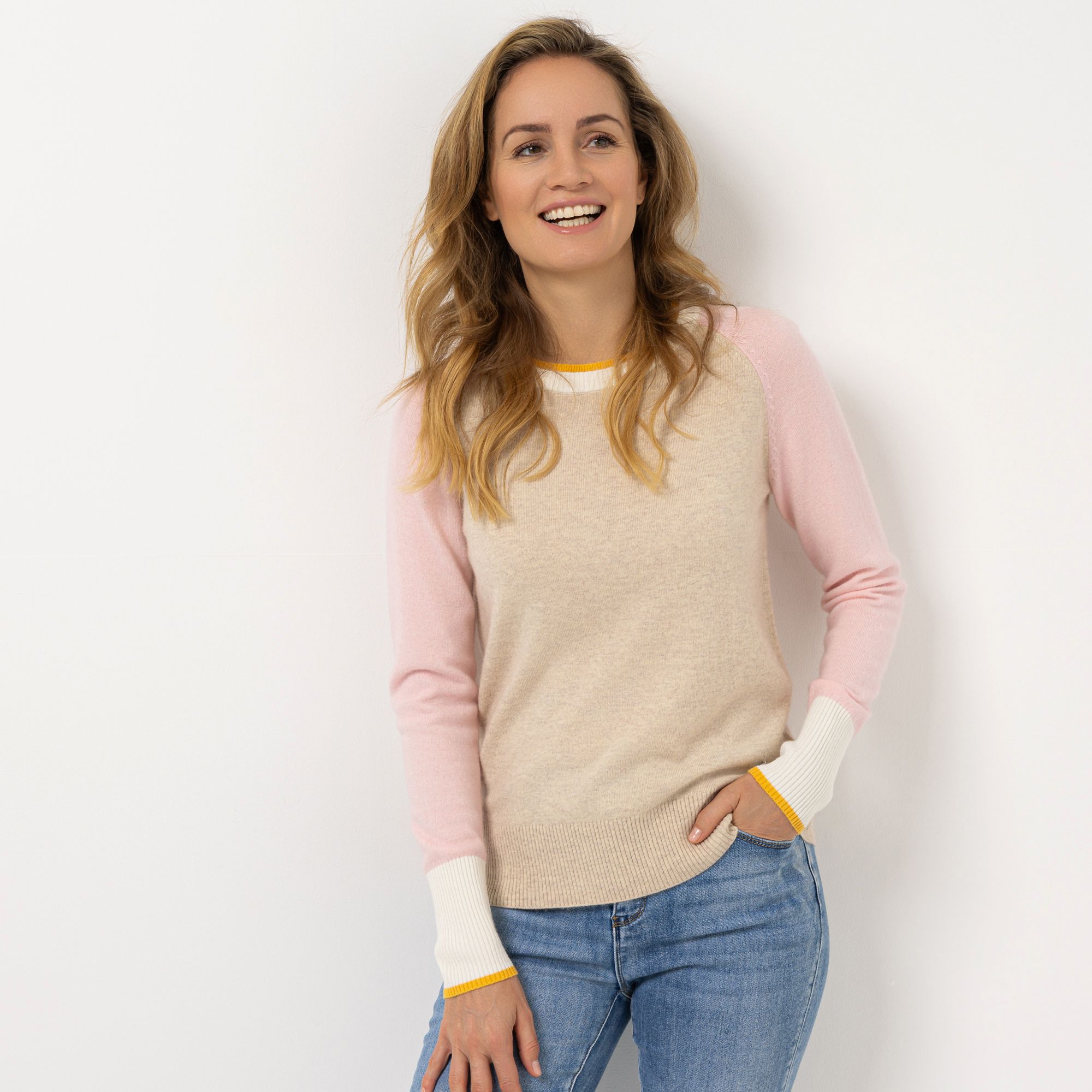 B-Ware STRANDFEIN Pullover, Raglan Rundhalsausschnitt Kontrastfarbene Ärmel