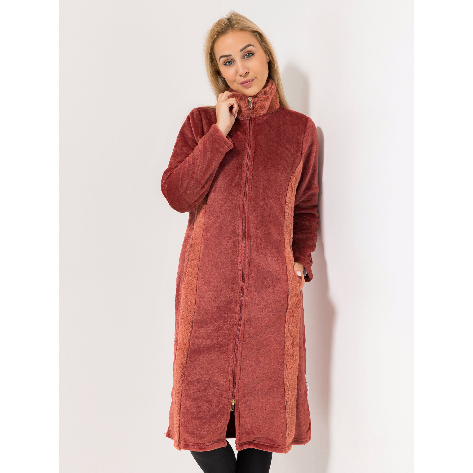 B-Ware MONT CHALET Damen-Hauskleid uni Fellimitatbesatz Stehkragen