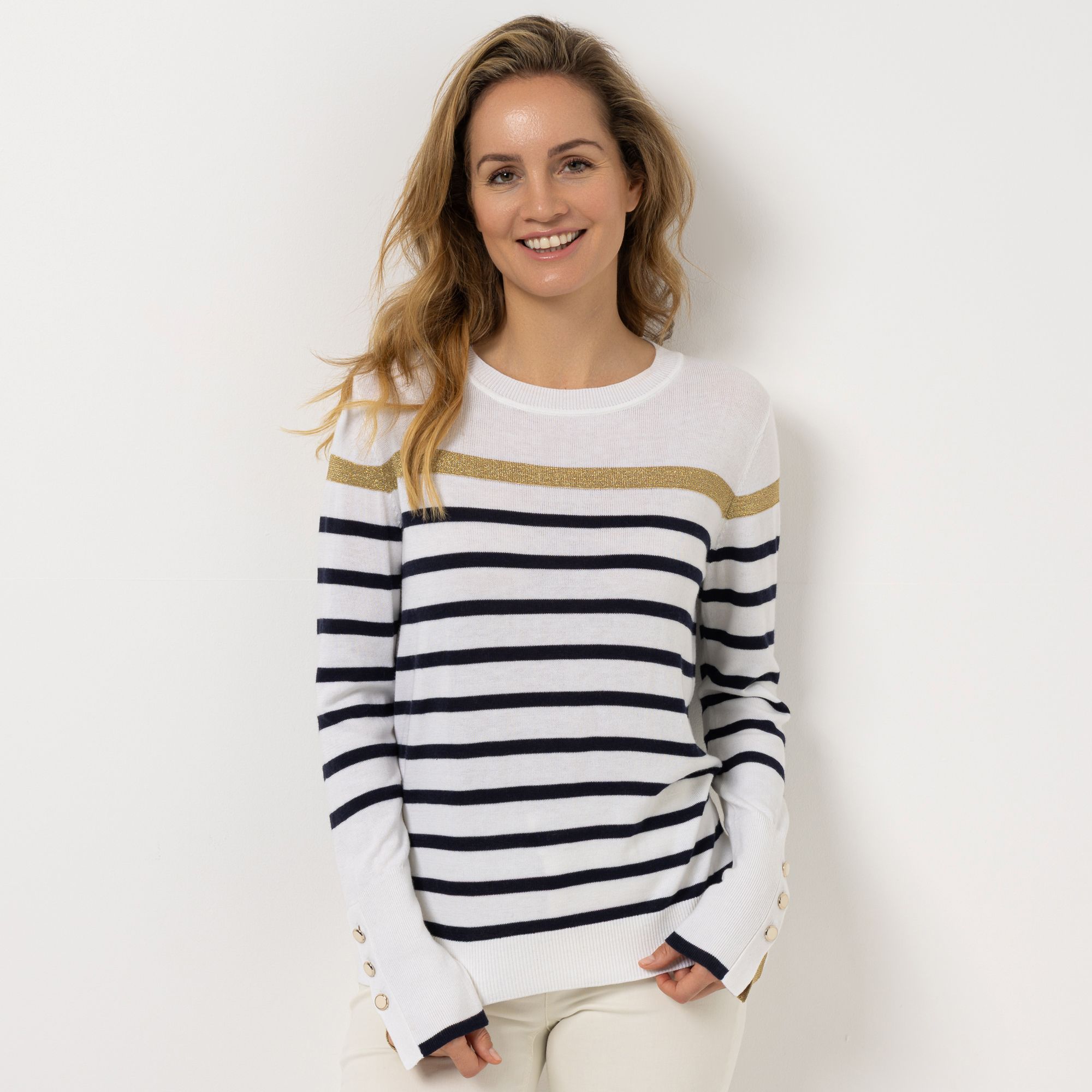 B-Ware STRANDFEIN Pullover, gestreift Glanzgarn goldene Knöpfe