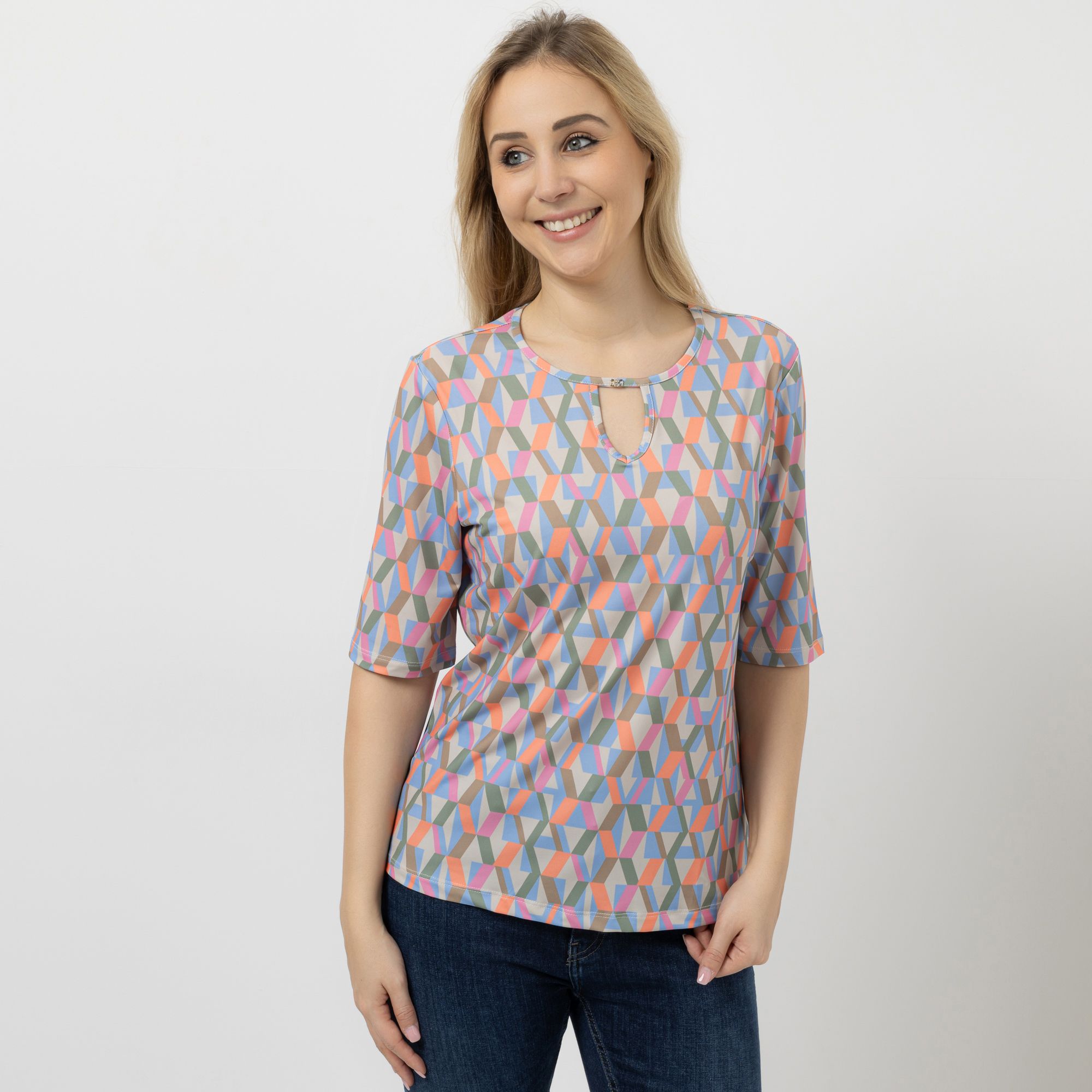 B-Ware VIA MILANO Shirt, langer 1/2-Arm Rundhalsausschnitt Cut-Out-Detail