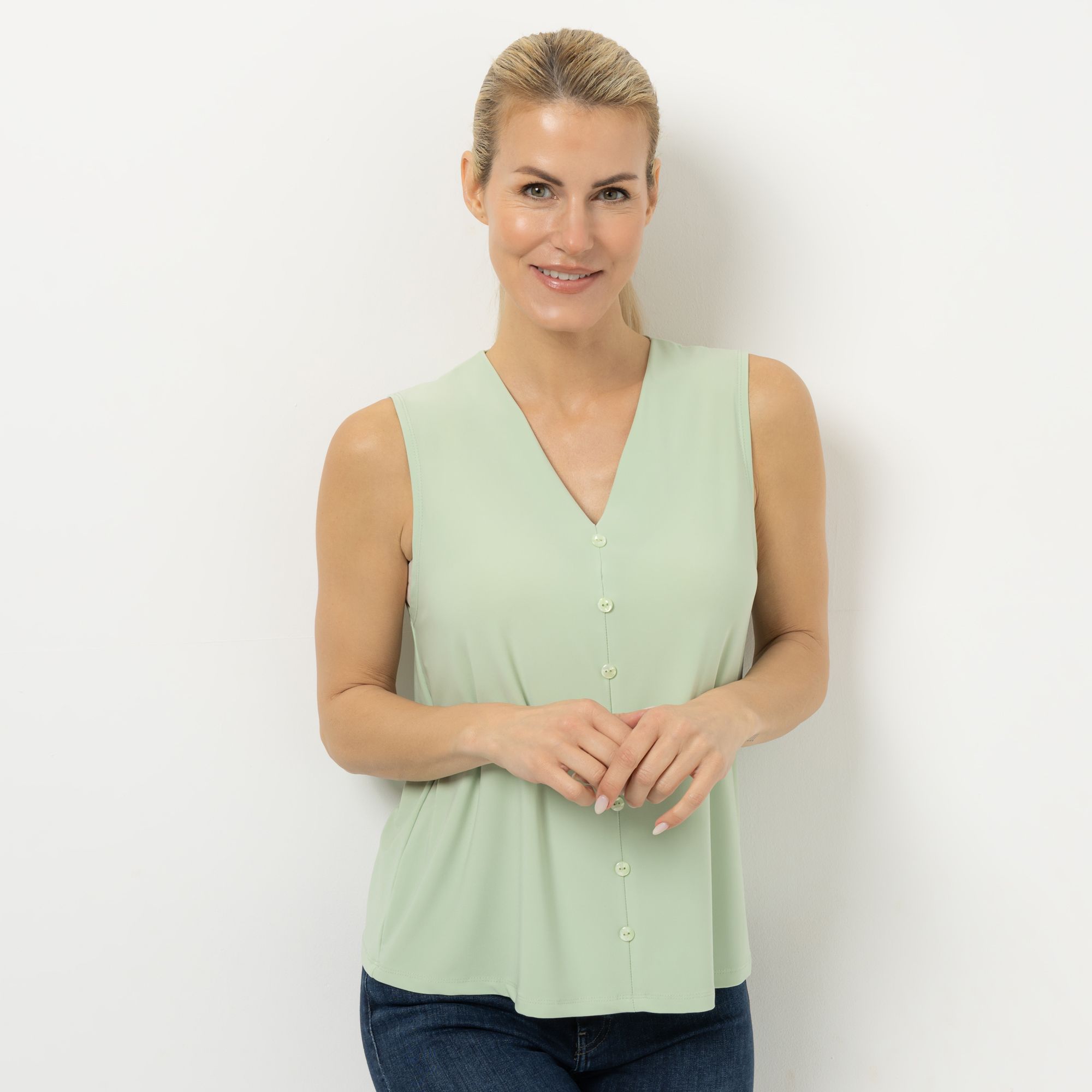 B-Ware KIM & CO. Top, Zierknöpfe Brazil Knit Jersey V-Ausschnitt