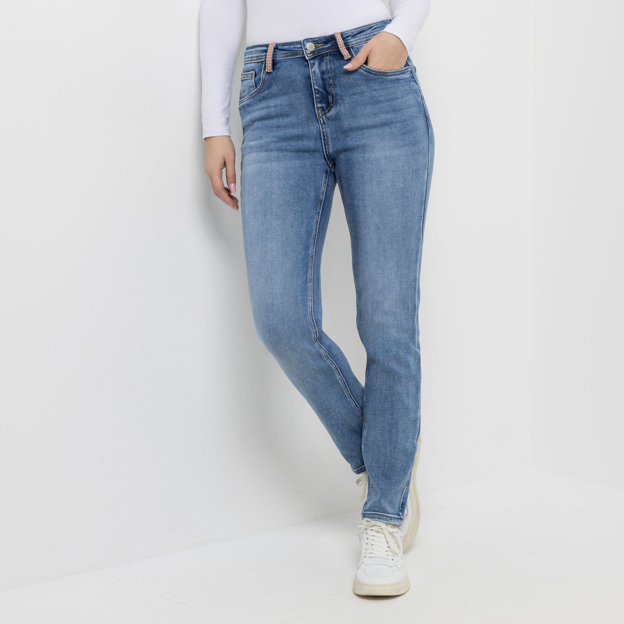 B-Ware VIA MILANO Jeans, lange Form 5-Pocket-Style Zierband am Saum