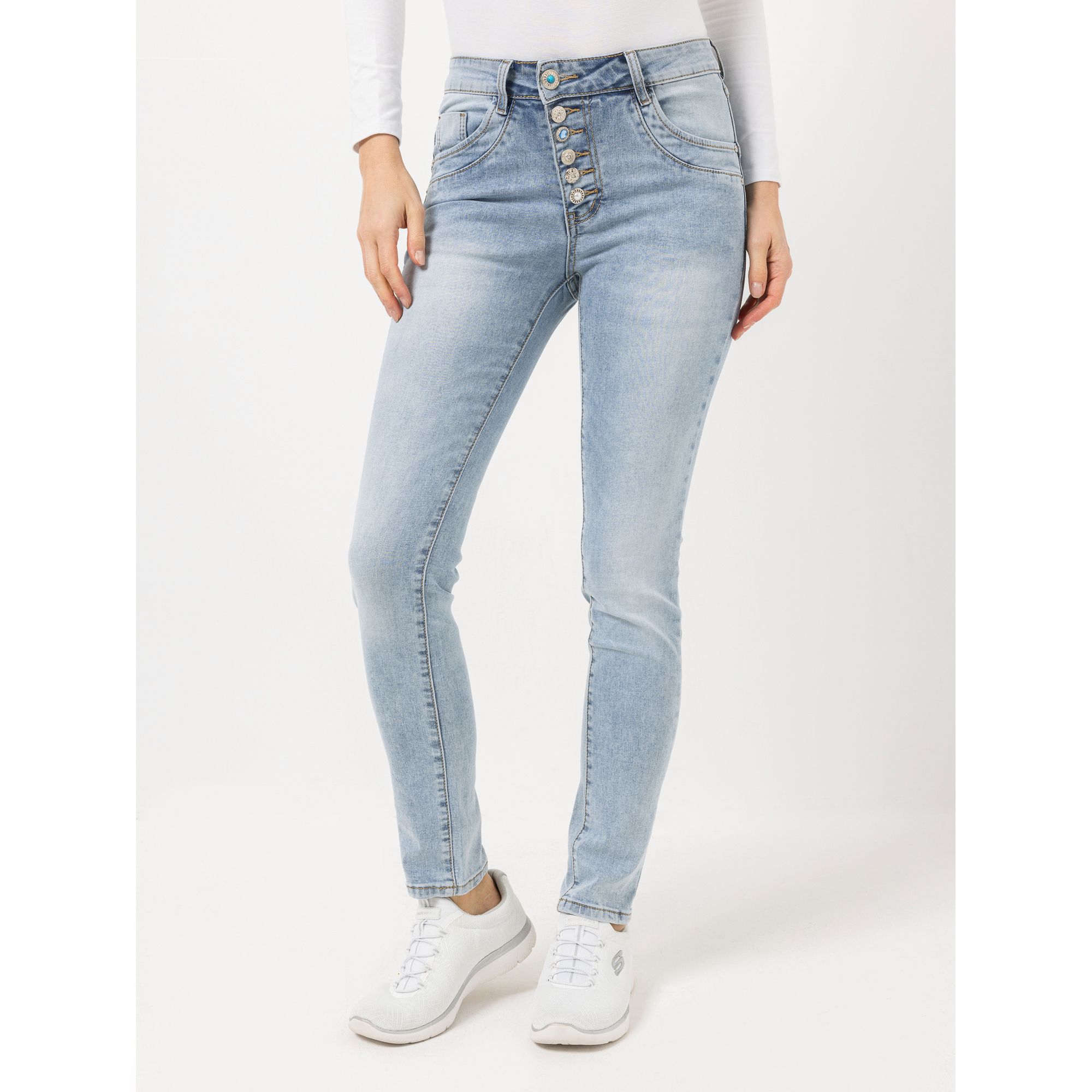 B-Ware DINE 'N' DANCE Jeanshose 5-Pocket-Style schräge Knopfleiste