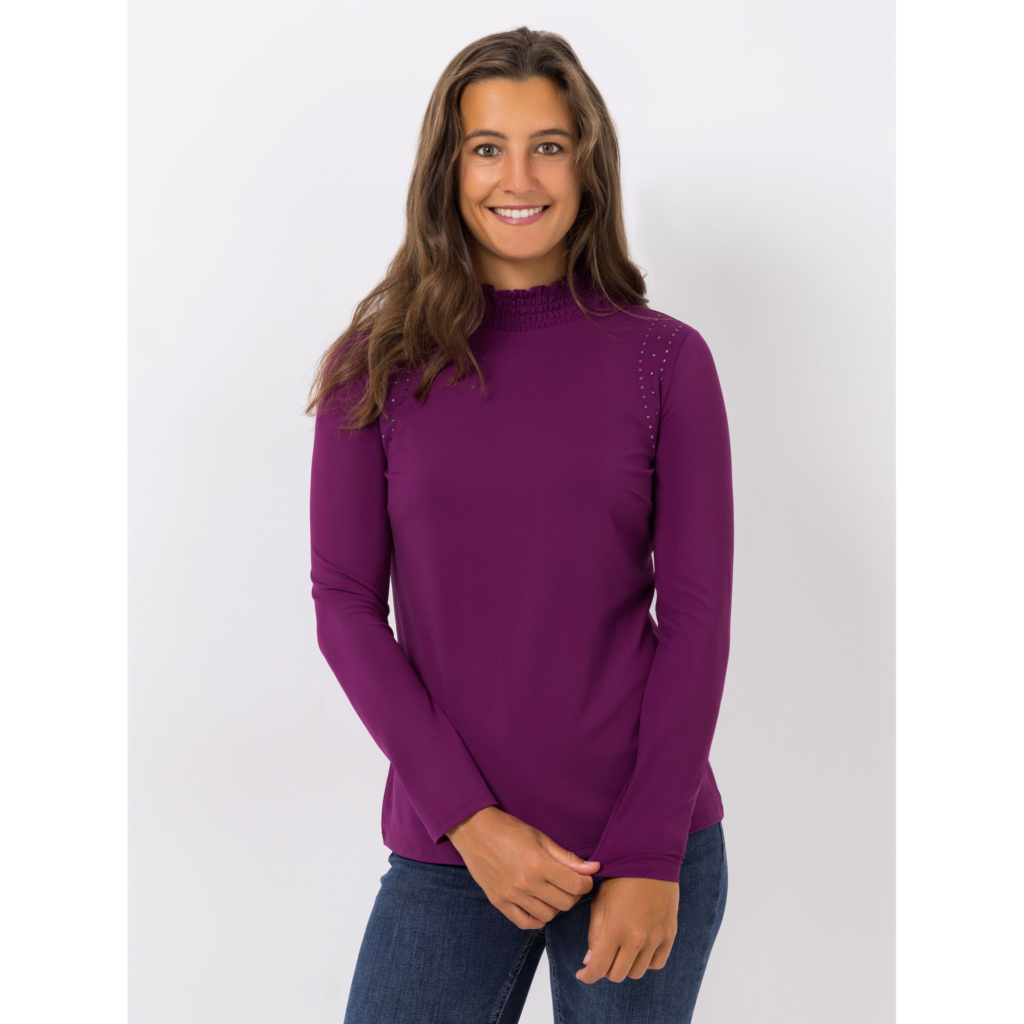 B-Ware VIA MILANO Shirt, 1/1-Arm gesmokter Stehkragen Strass-Details