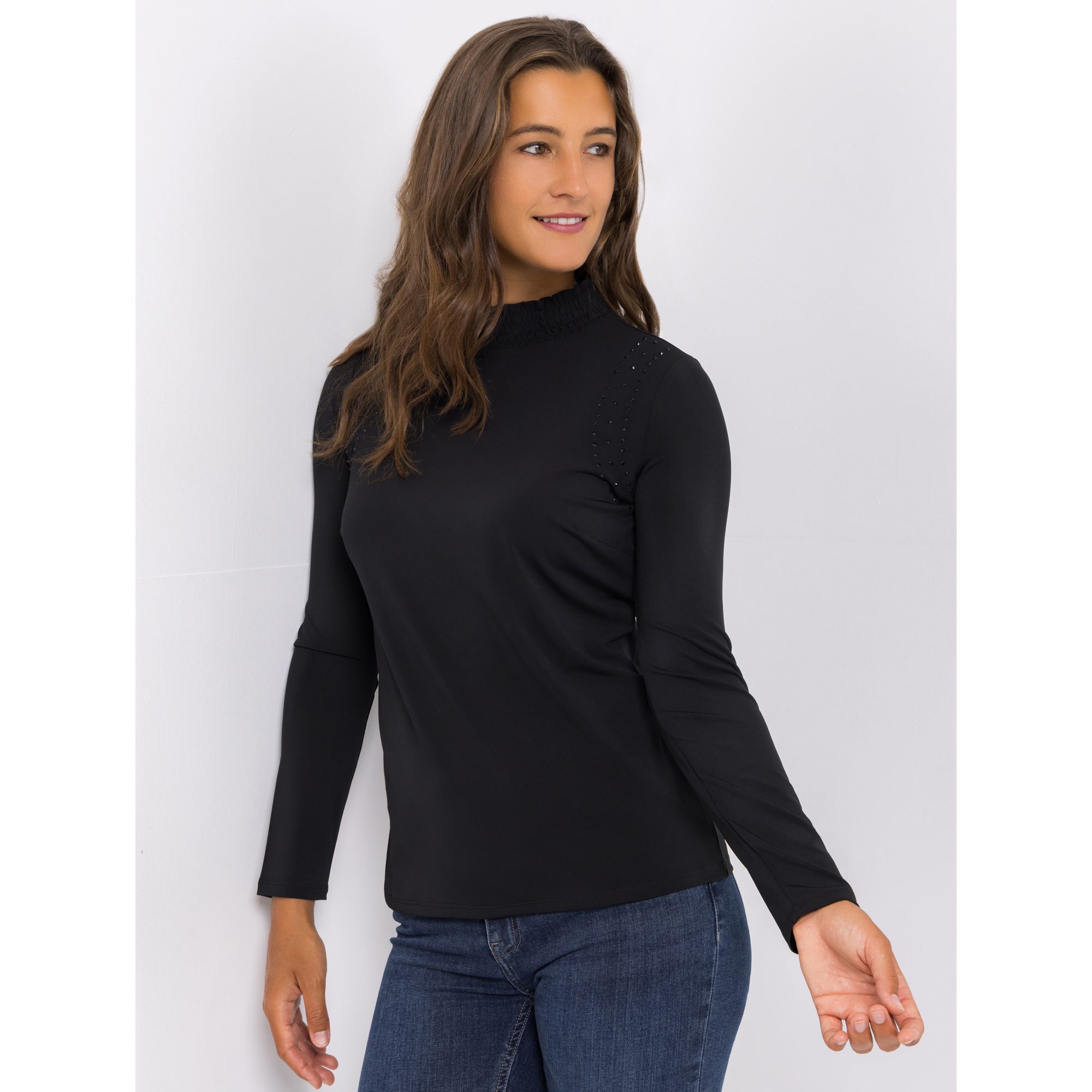 B-Ware VIA MILANO Shirt, 1/1-Arm gesmokter Stehkragen Strass-Details