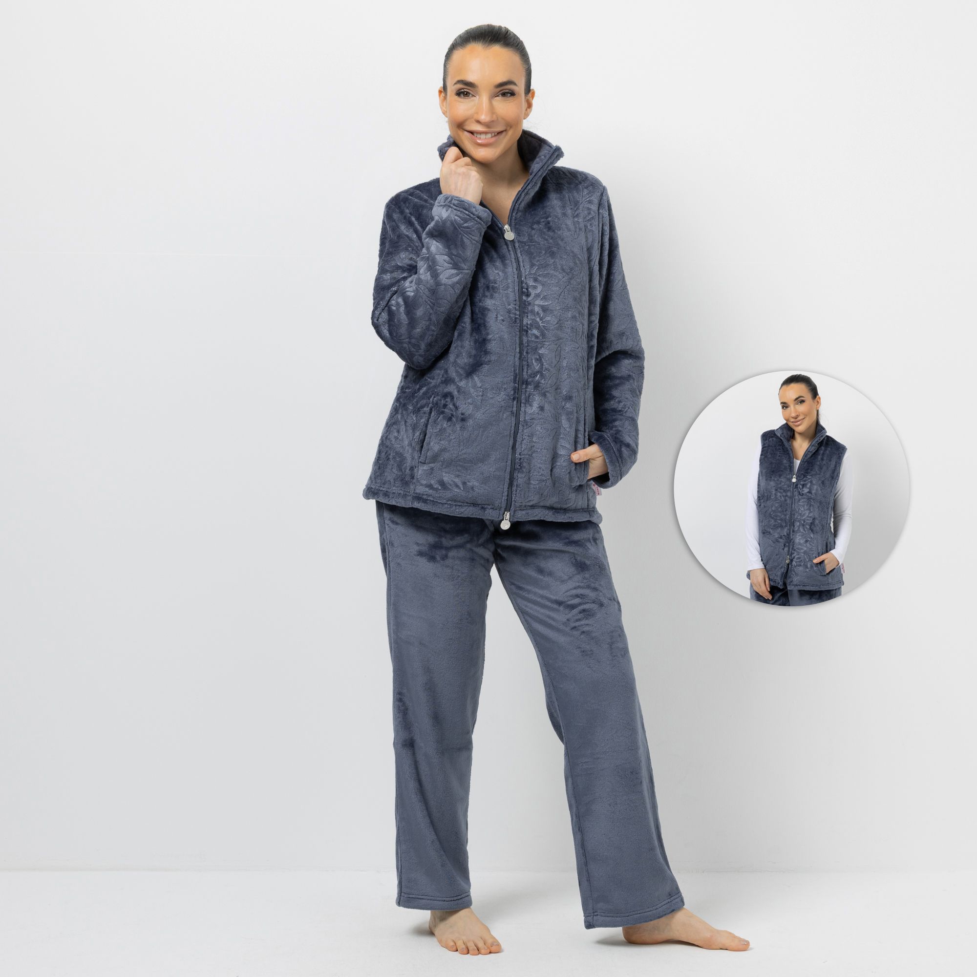 B-Ware MONT CHALET Damen-Hausanzug uni Mikrofaser Chinchilla