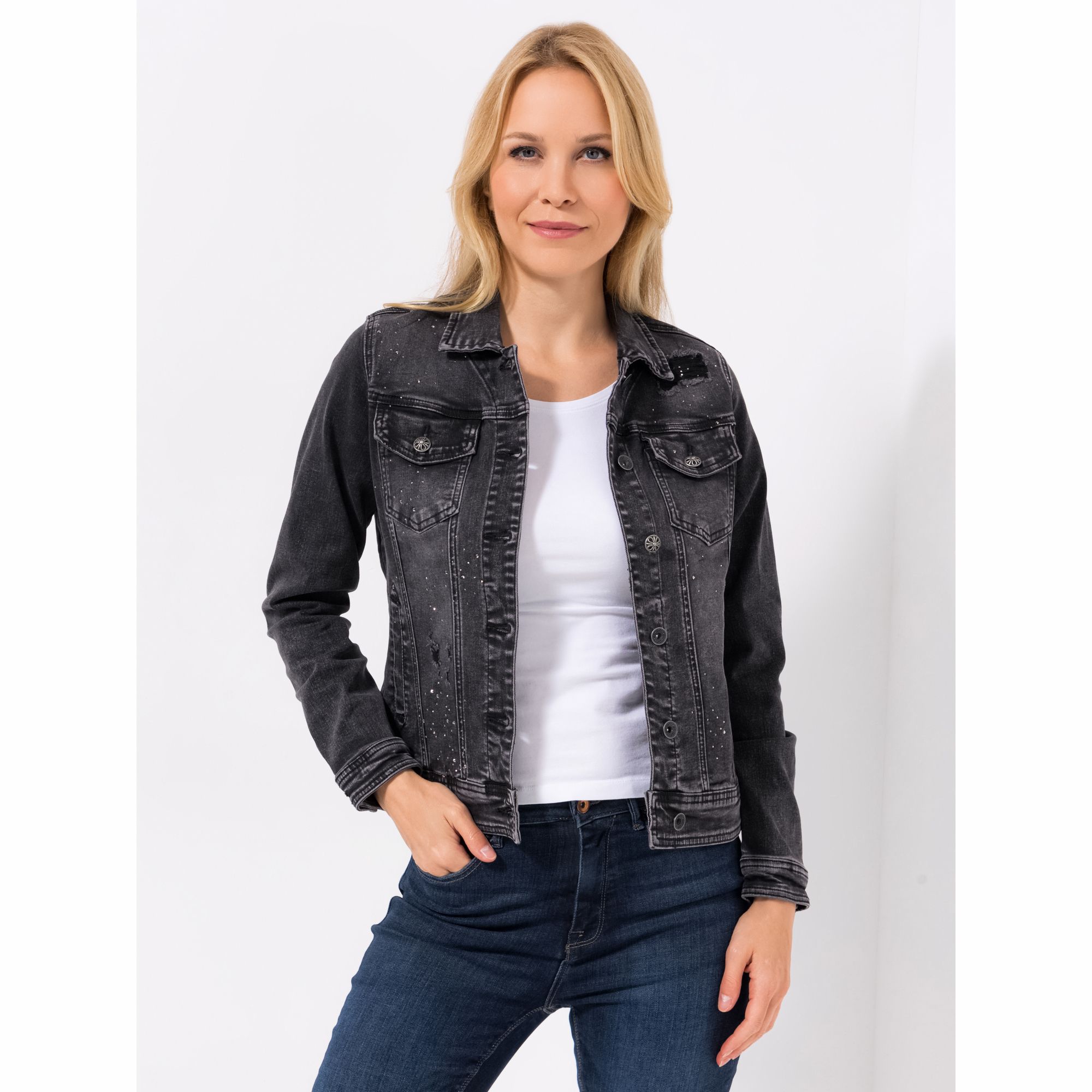 B-Ware DINE 'N' DANCE Jeansjacke Salsa Eingrifftaschen Strassdetails
