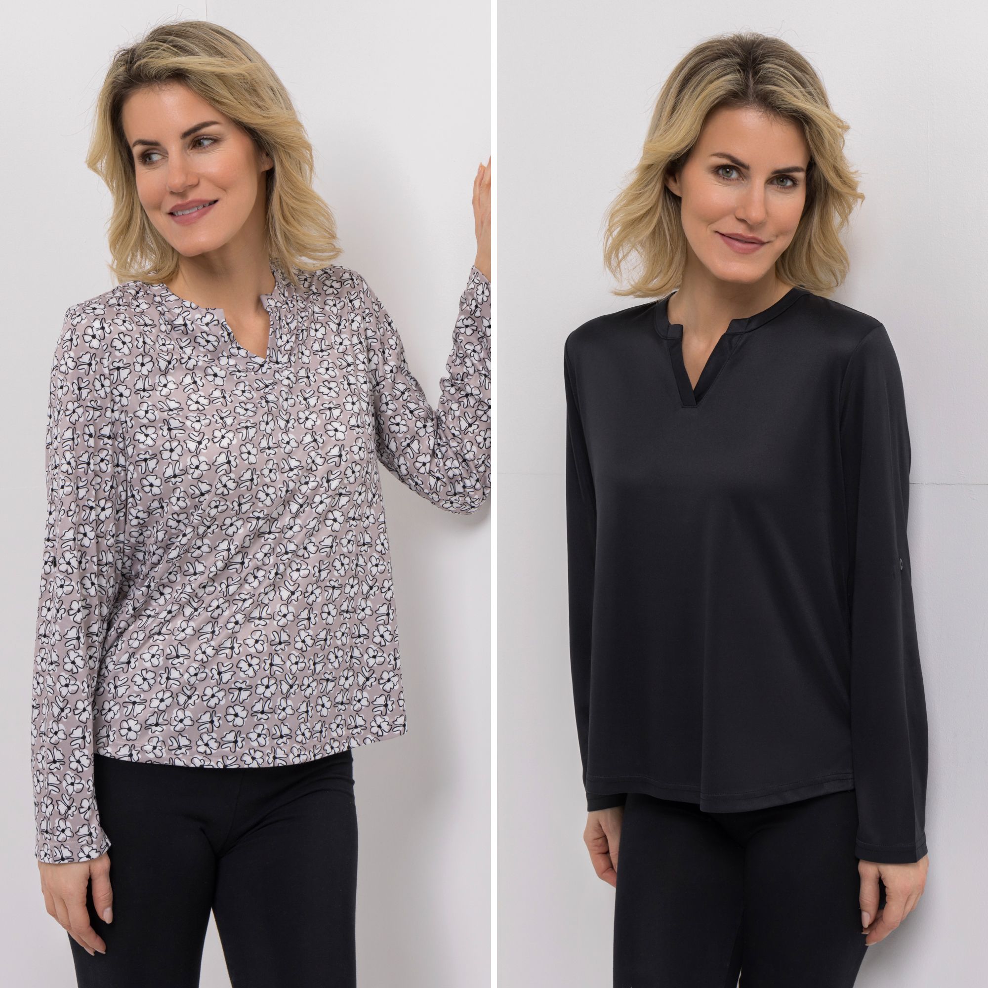 B-Ware JERYMOOD HOMEWEAR 2 Shirts, langarm Mikrofaser Rundhals mit V-Detail