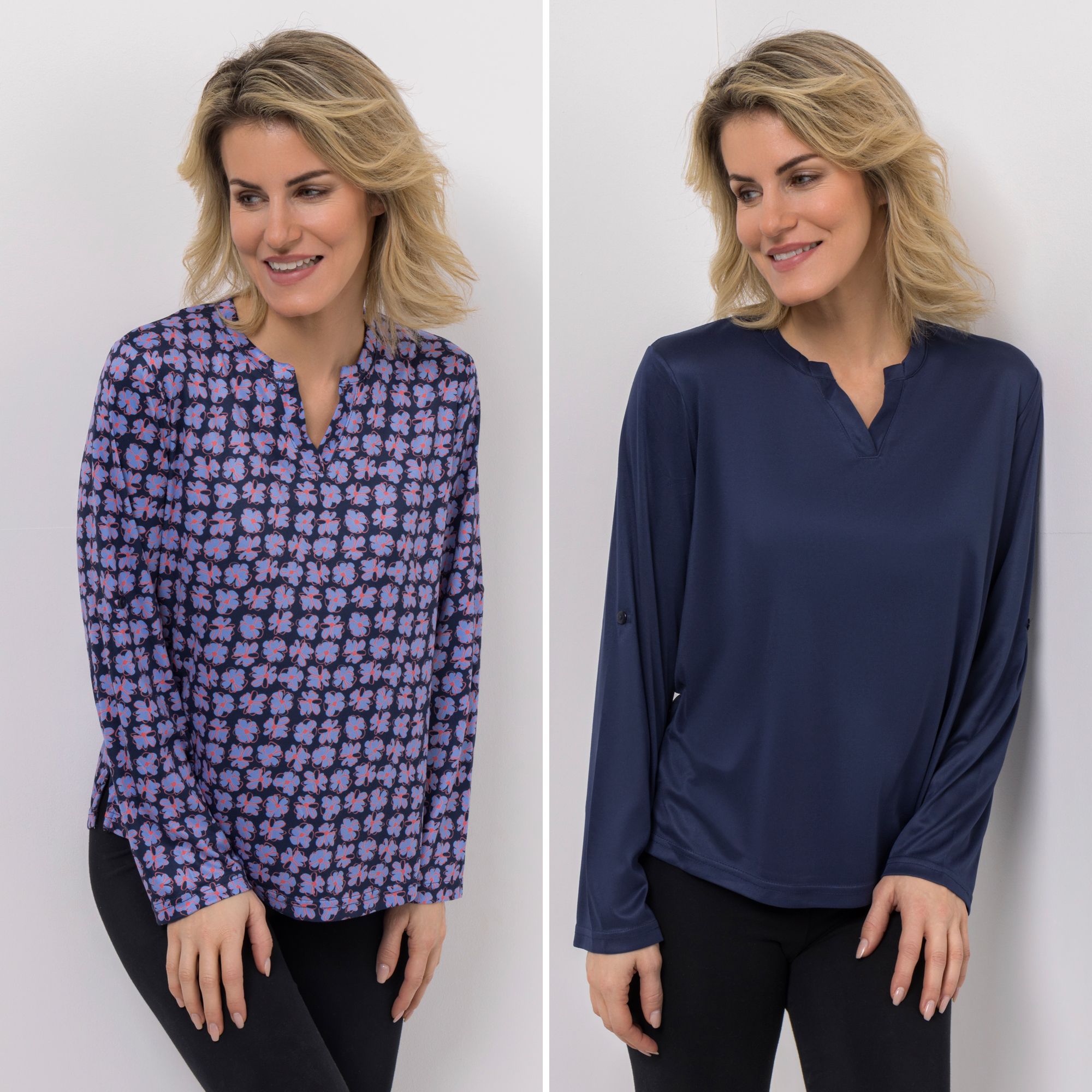 B-Ware JERYMOOD HOMEWEAR 2 Shirts, langarm Mikrofaser Rundhals mit V-Detail