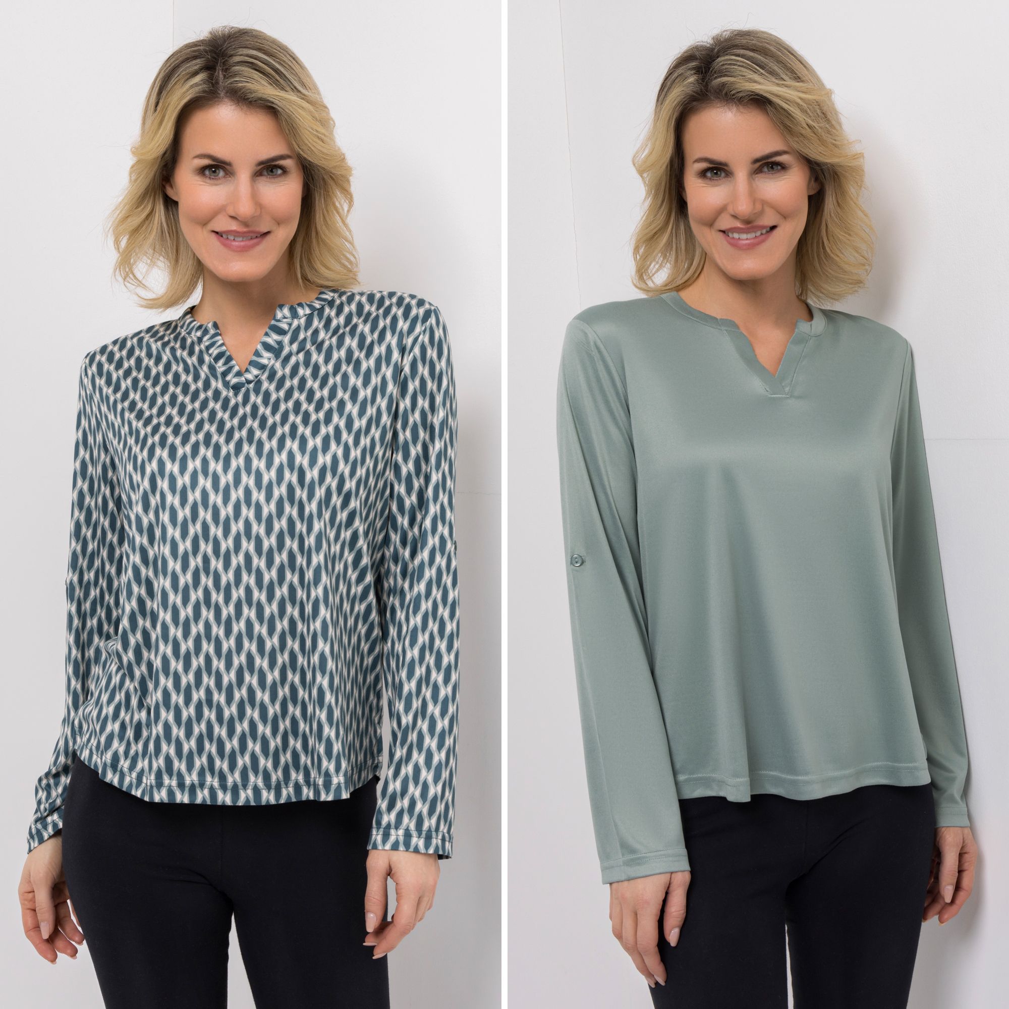 B-Ware JERYMOOD HOMEWEAR 2 Shirts, langarm Mikrofaser Rundhals mit V-Detail