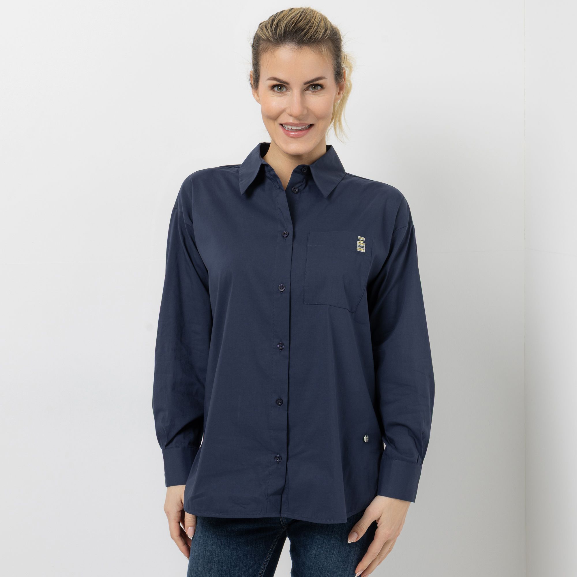 B-Ware STRANDFEIN Bluse, oversized Hemdblusenkragen Brusttaschenstickerei