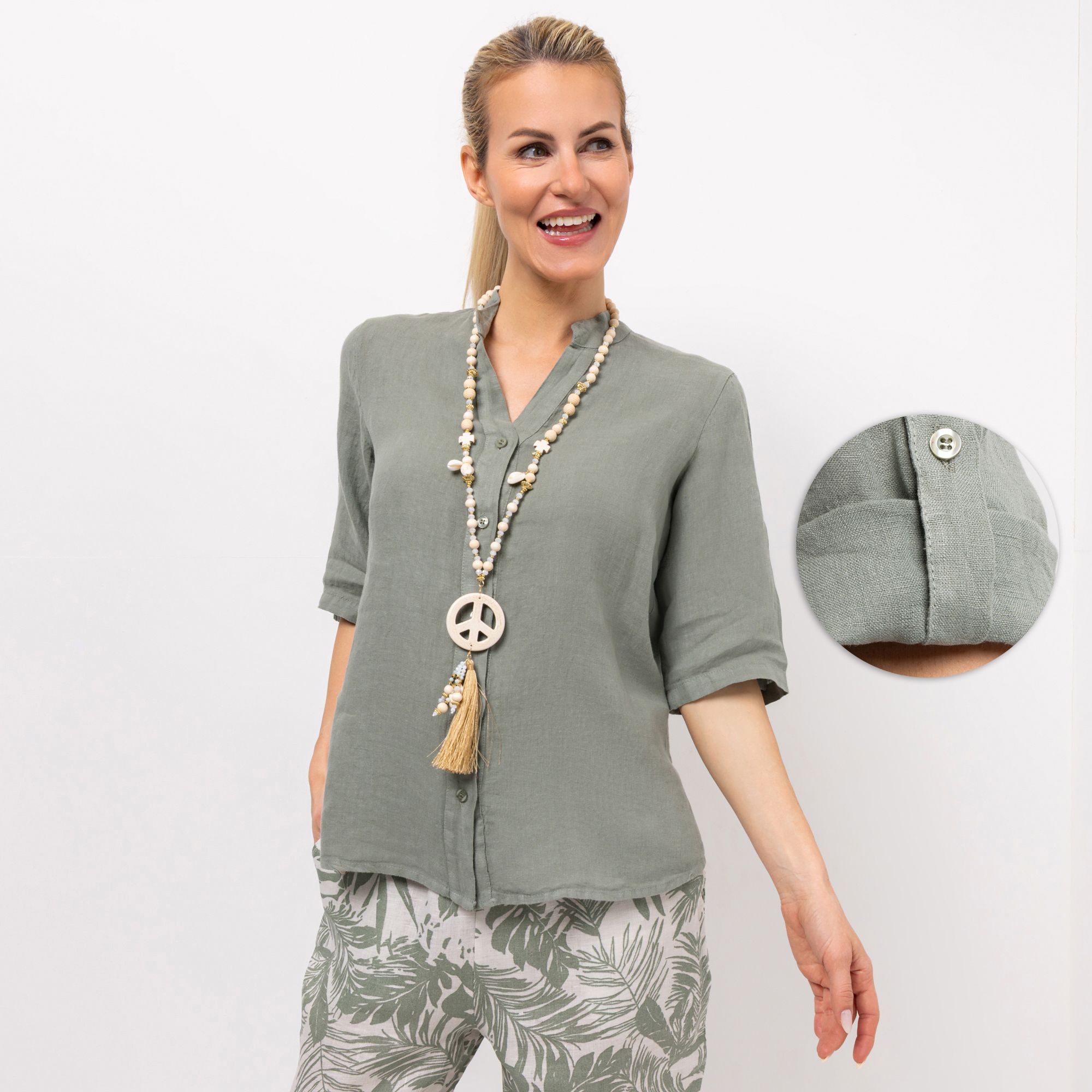 B-Ware DINE 'N' DANCE Leinenbluse Frida 1/2-Arm Stehkragen