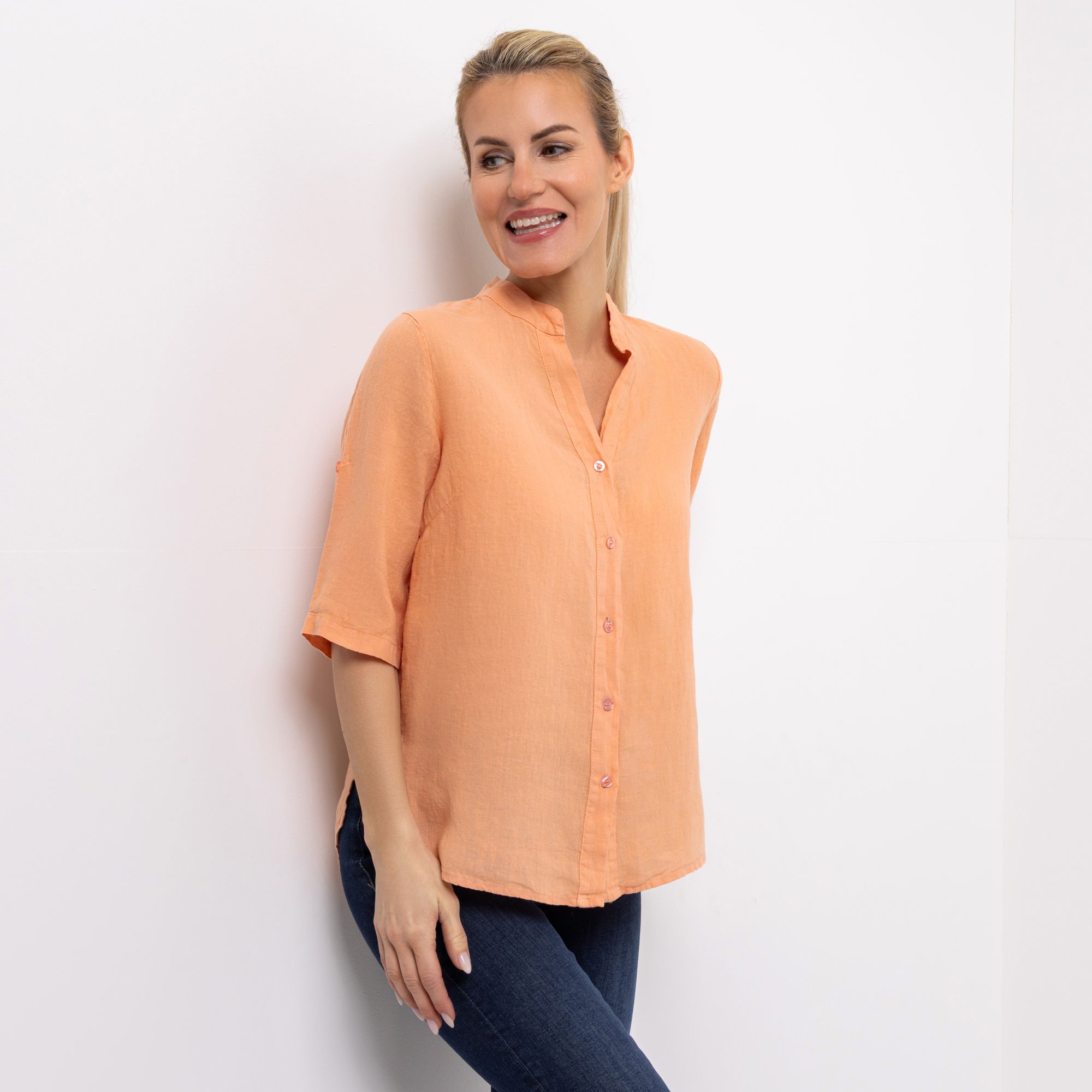 B-Ware DINE 'N' DANCE Leinenbluse Frida 1/2-Arm Stehkragen