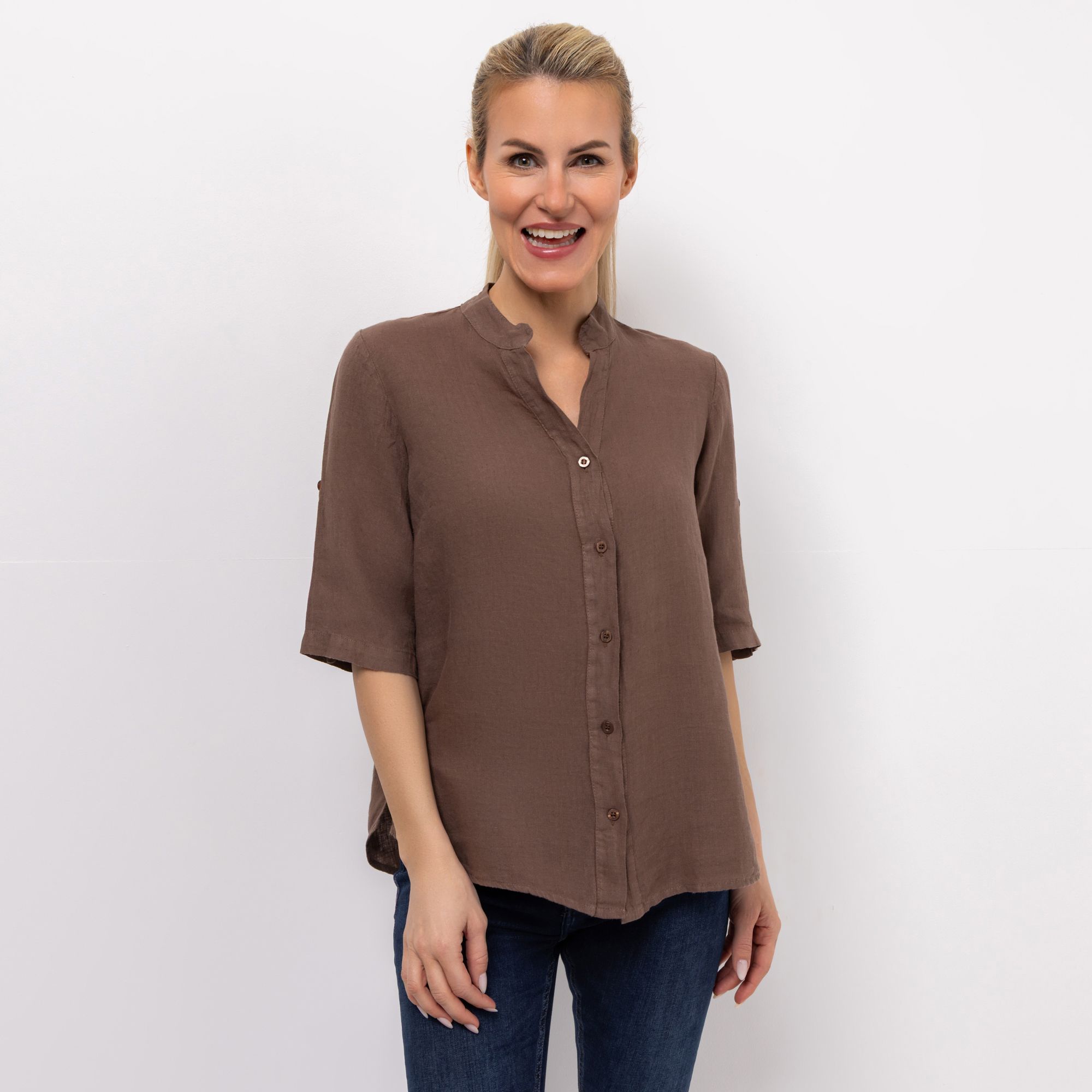 B-Ware DINE 'N' DANCE Leinenbluse Frida 1/2-Arm Stehkragen