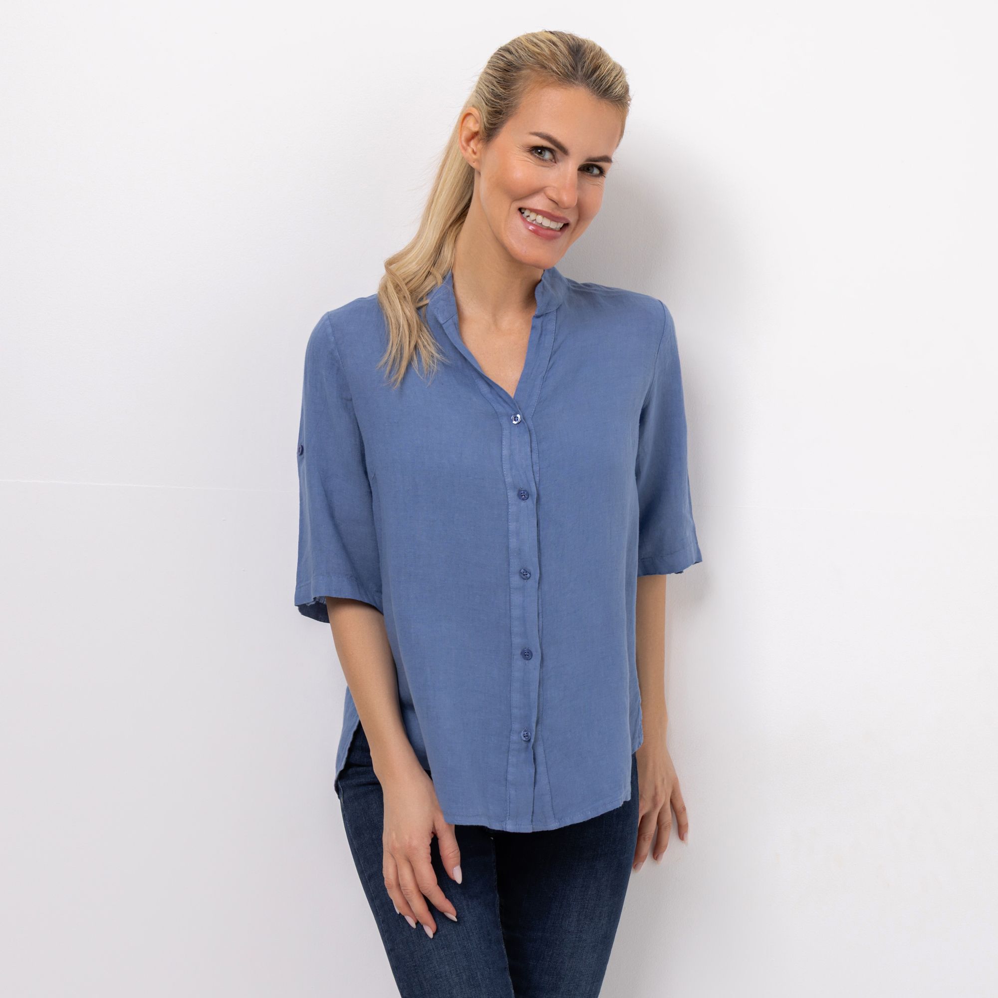 B-Ware DINE 'N' DANCE Leinenbluse Frida 1/2-Arm Stehkragen