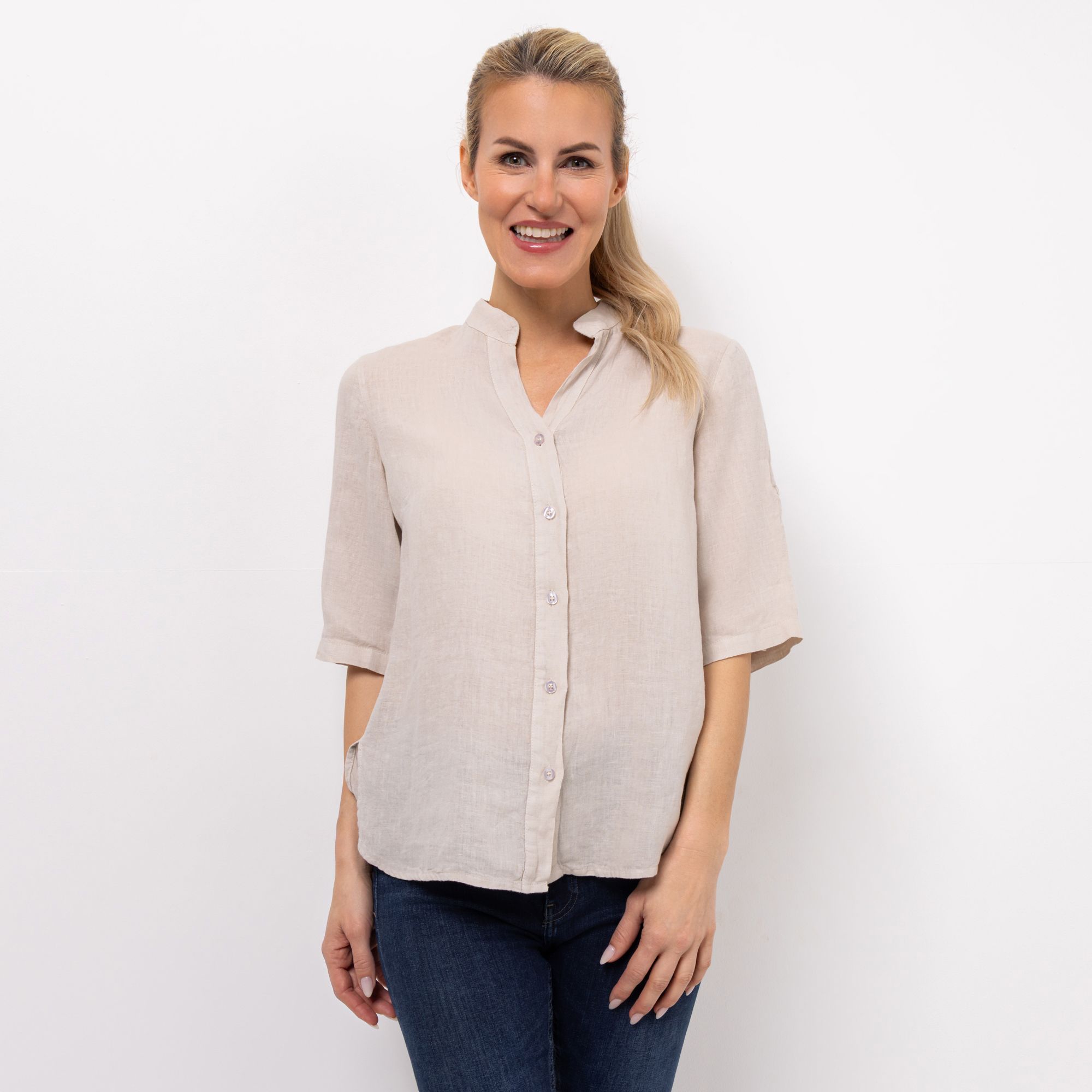 B-Ware DINE 'N' DANCE Leinenbluse Frida 1/2-Arm Stehkragen
