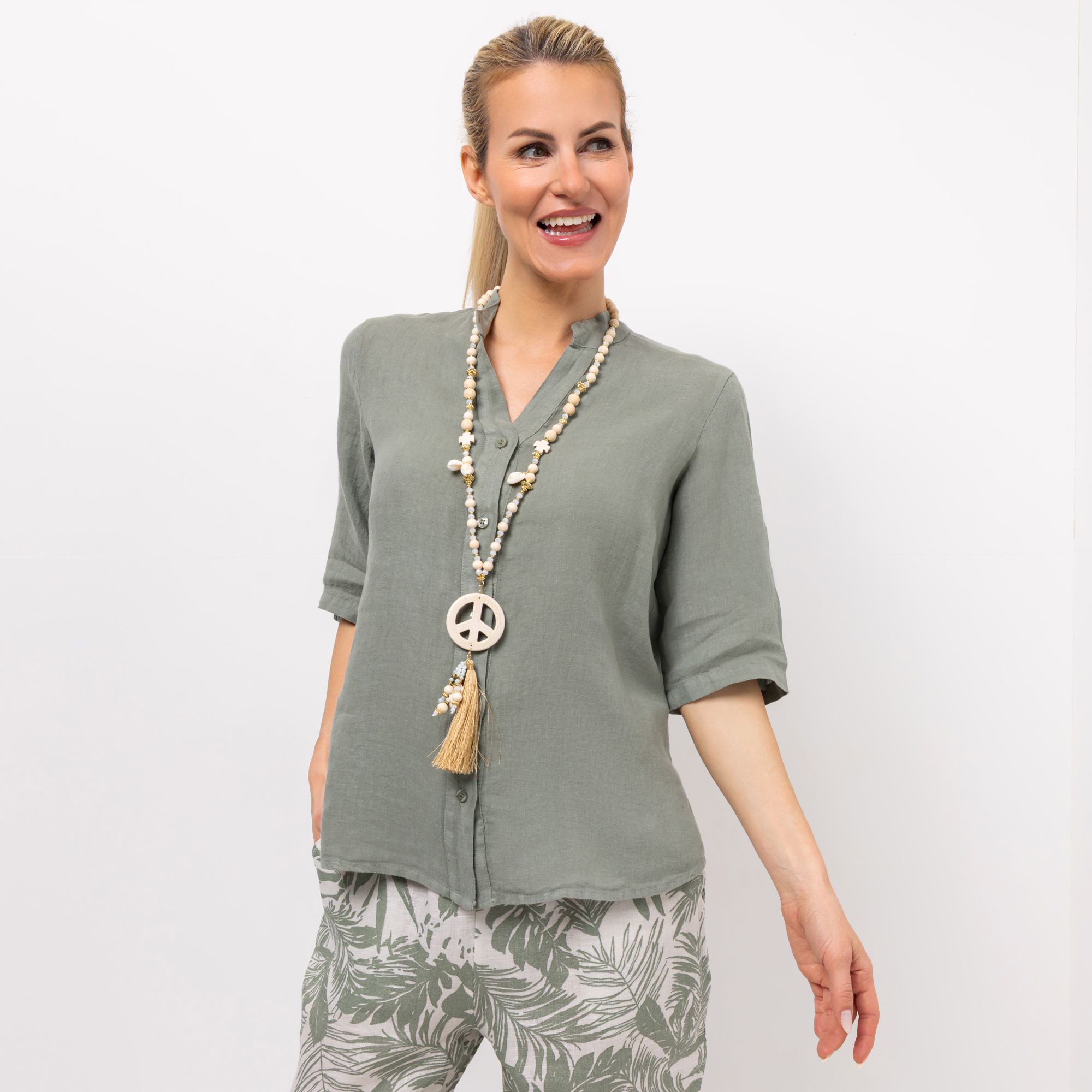 B-Ware DINE 'N' DANCE Leinenbluse Frida 1/2-Arm Stehkragen