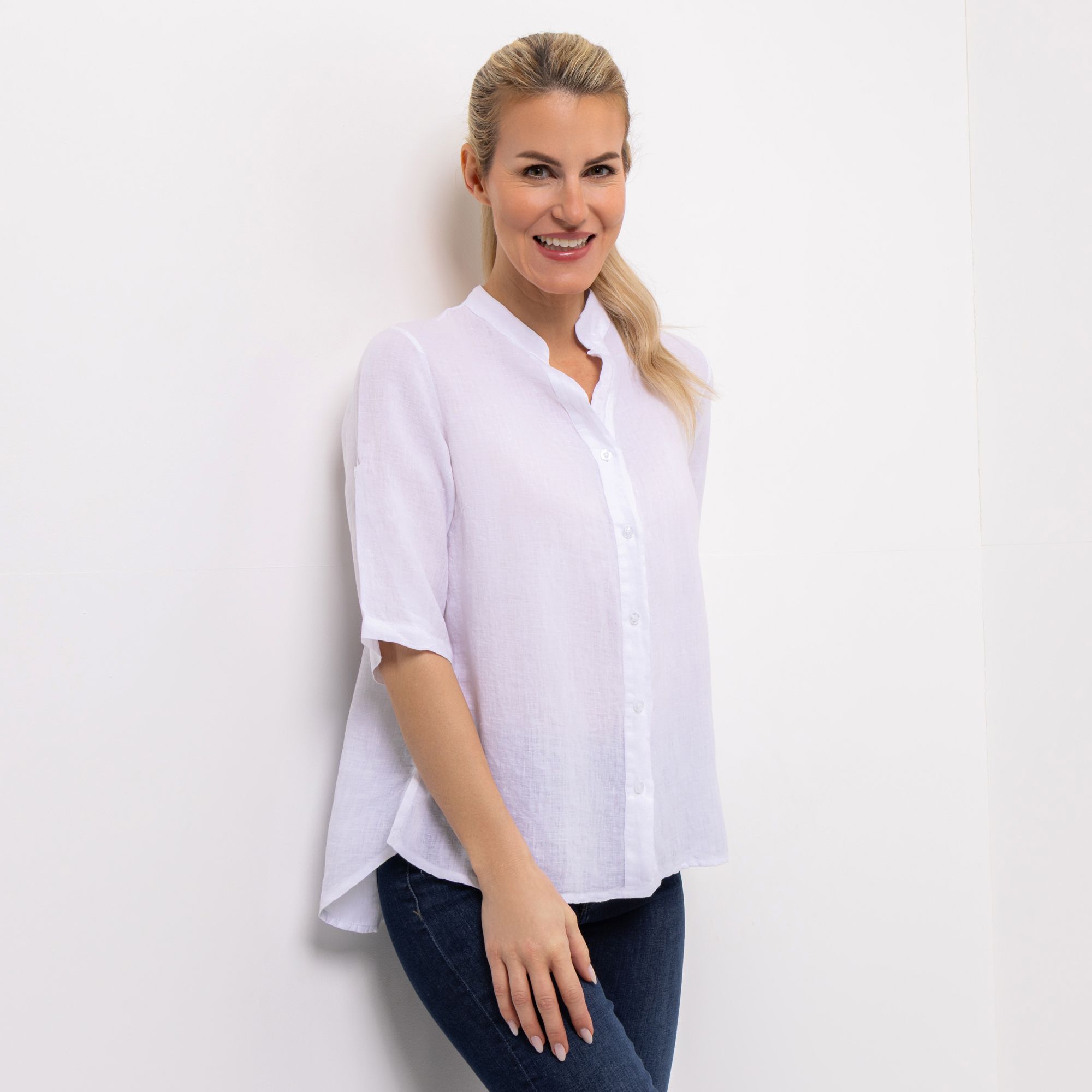B-Ware DINE 'N' DANCE Leinenbluse Frida 1/2-Arm Stehkragen