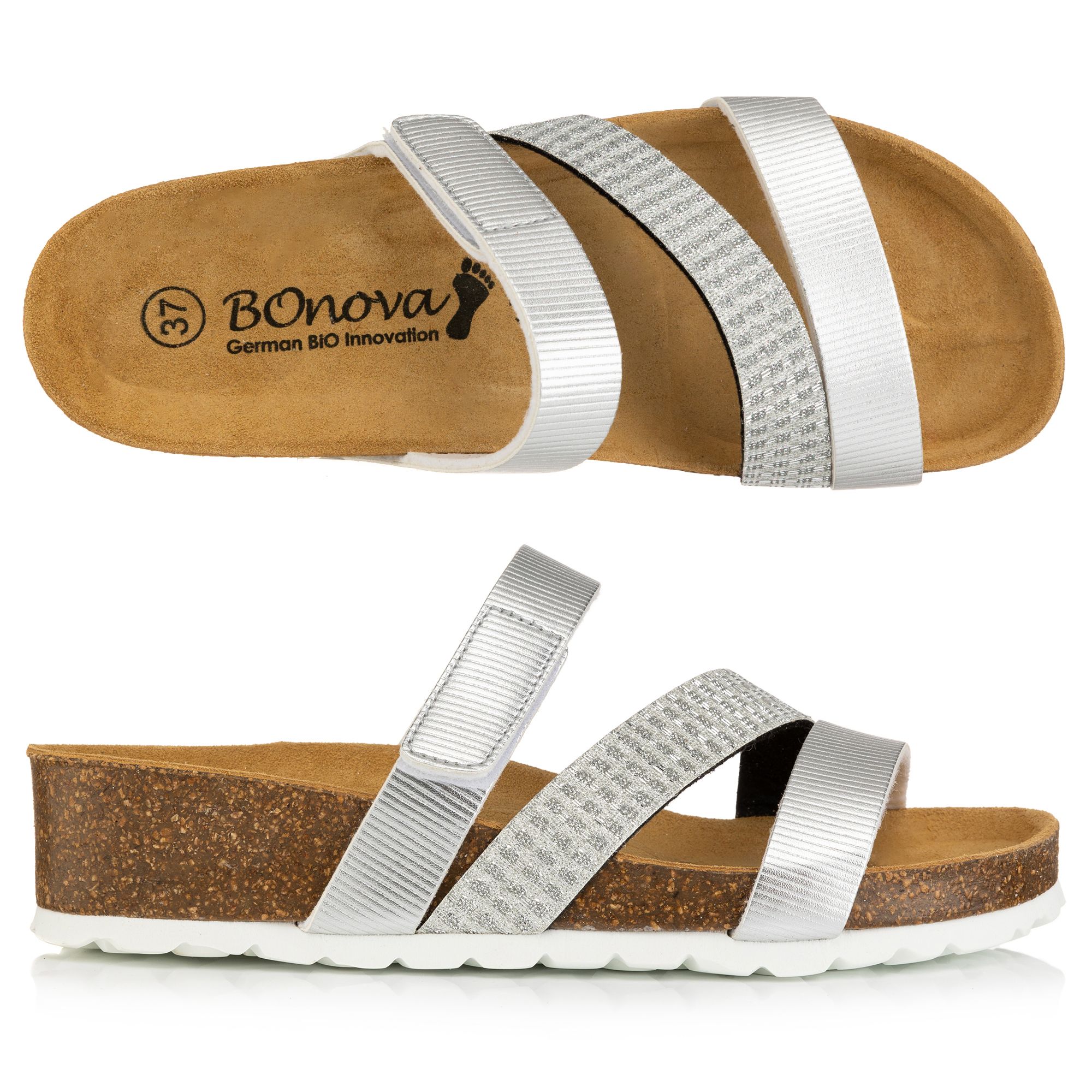 B-Ware BONOVA Damen-Pantolette Perlato-Glitzer Optik Klettverschluss