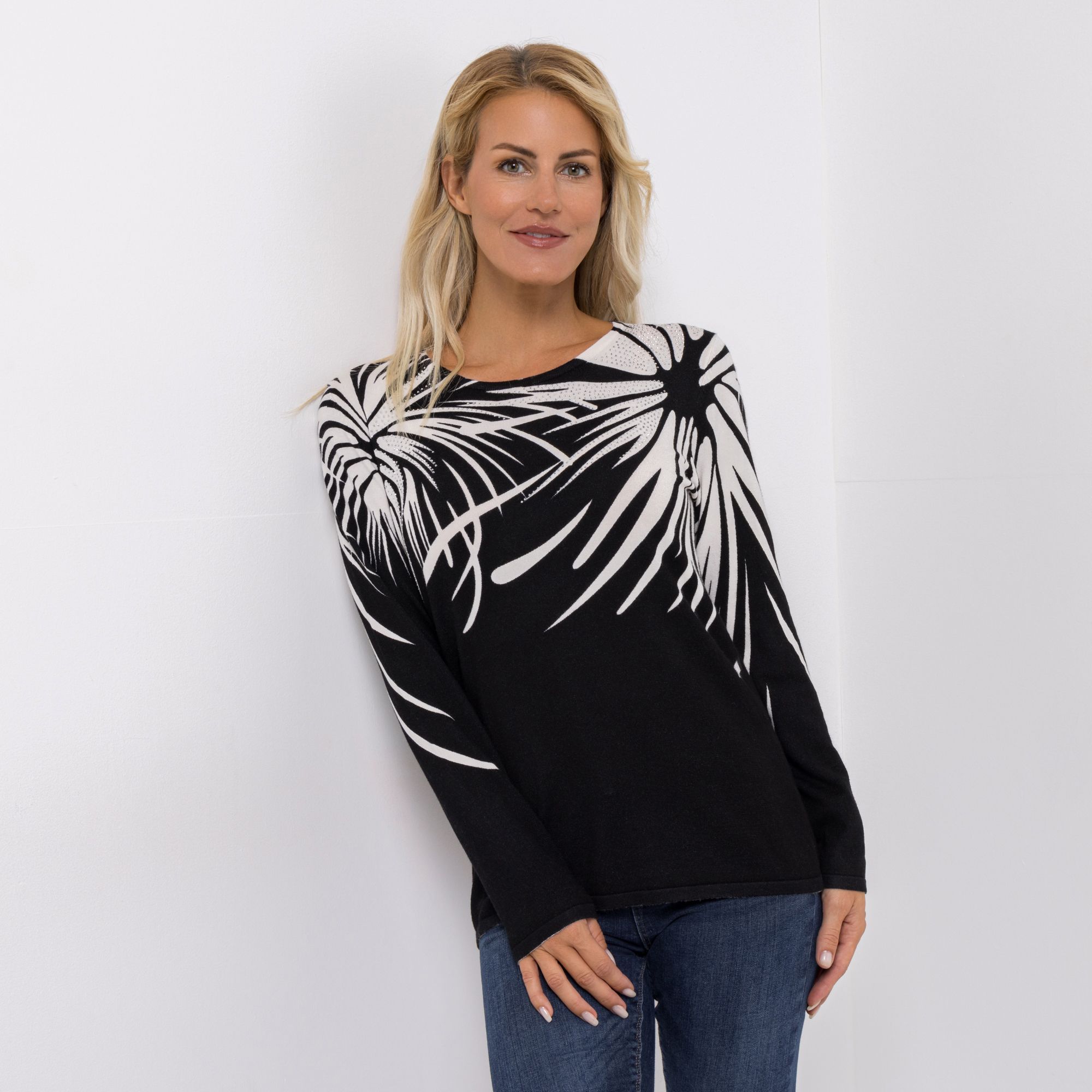 B-Ware VIA MILANO Pullover, 1/1-Arm Rundhalsausschnitt Strass-Details