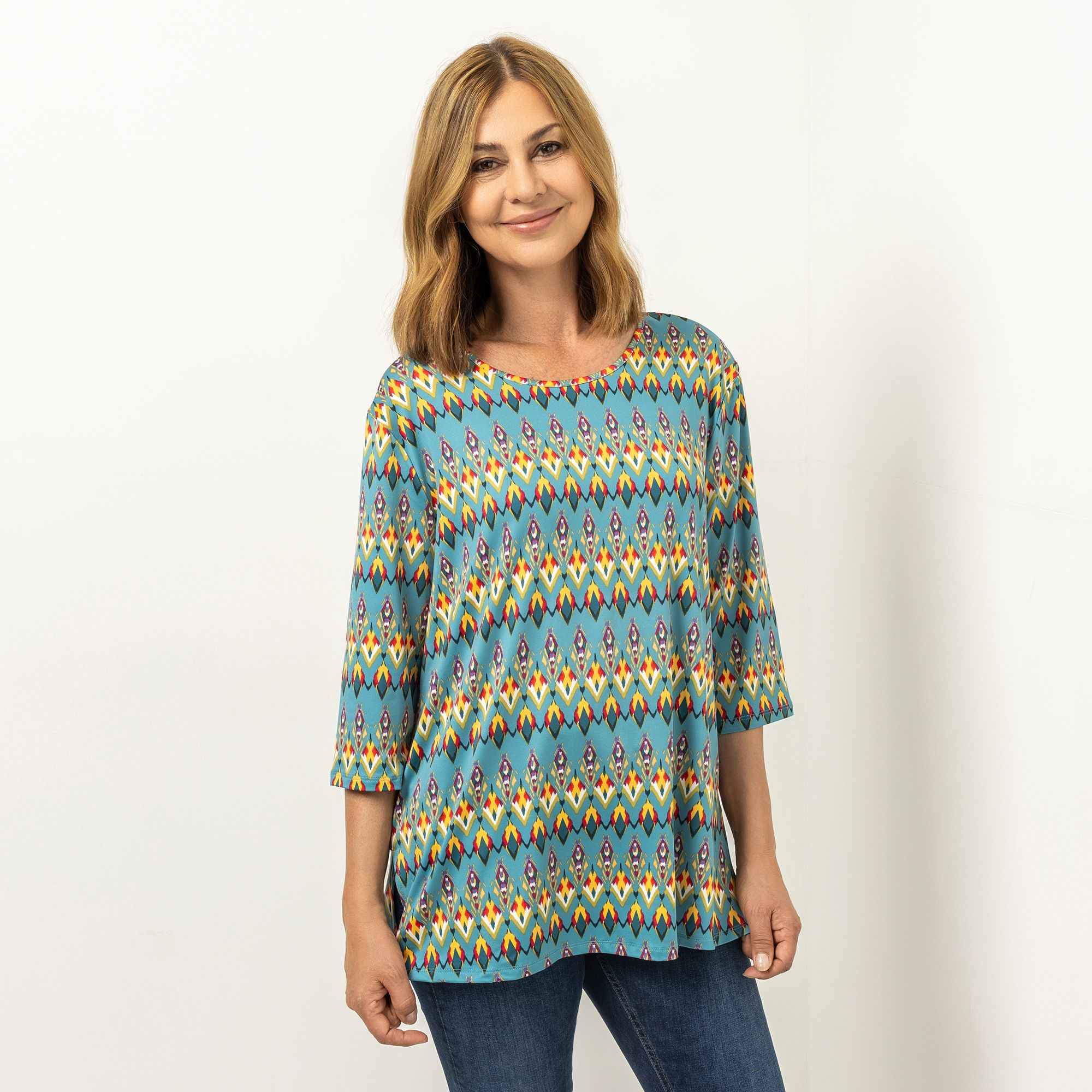 B-Ware IN-PRINT Shirt, 3/4-Arm Rundhalsausschnitt Seitenschlitze