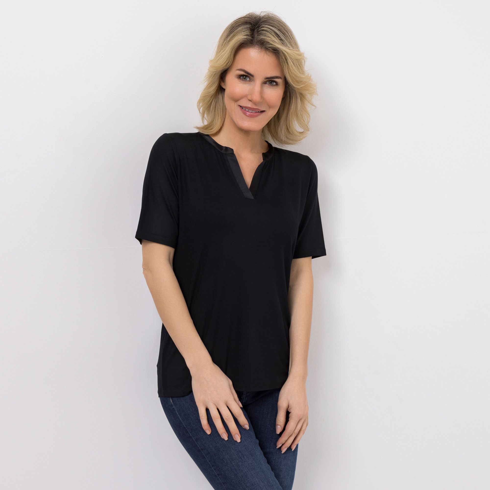 B-Ware VIA MILANO Shirt, 1/2-Arm Serafino-Ausschnitt Satin-Detail