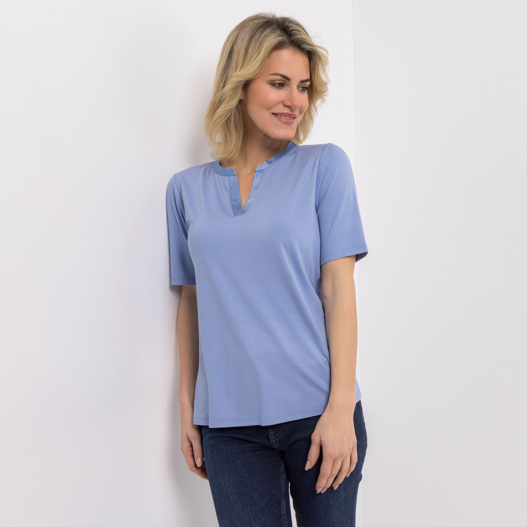 B-Ware VIA MILANO Shirt, 1/2-Arm Serafino-Ausschnitt Satin-Detail