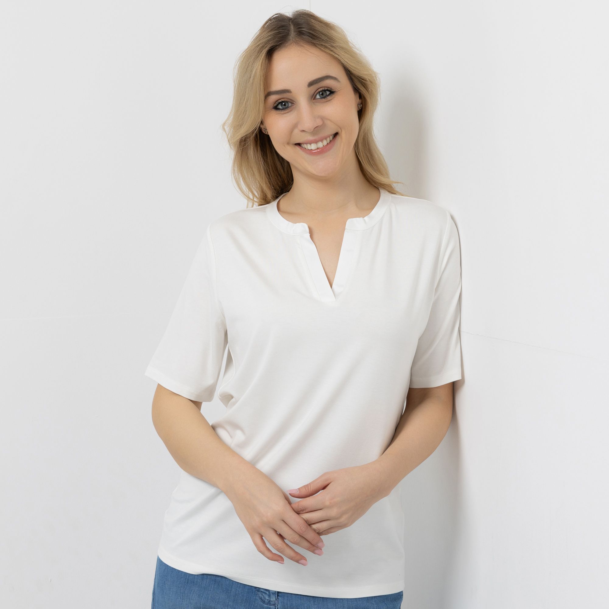 B-Ware VIA MILANO Shirt, 1/2-Arm Serafino-Ausschnitt Satin-Detail