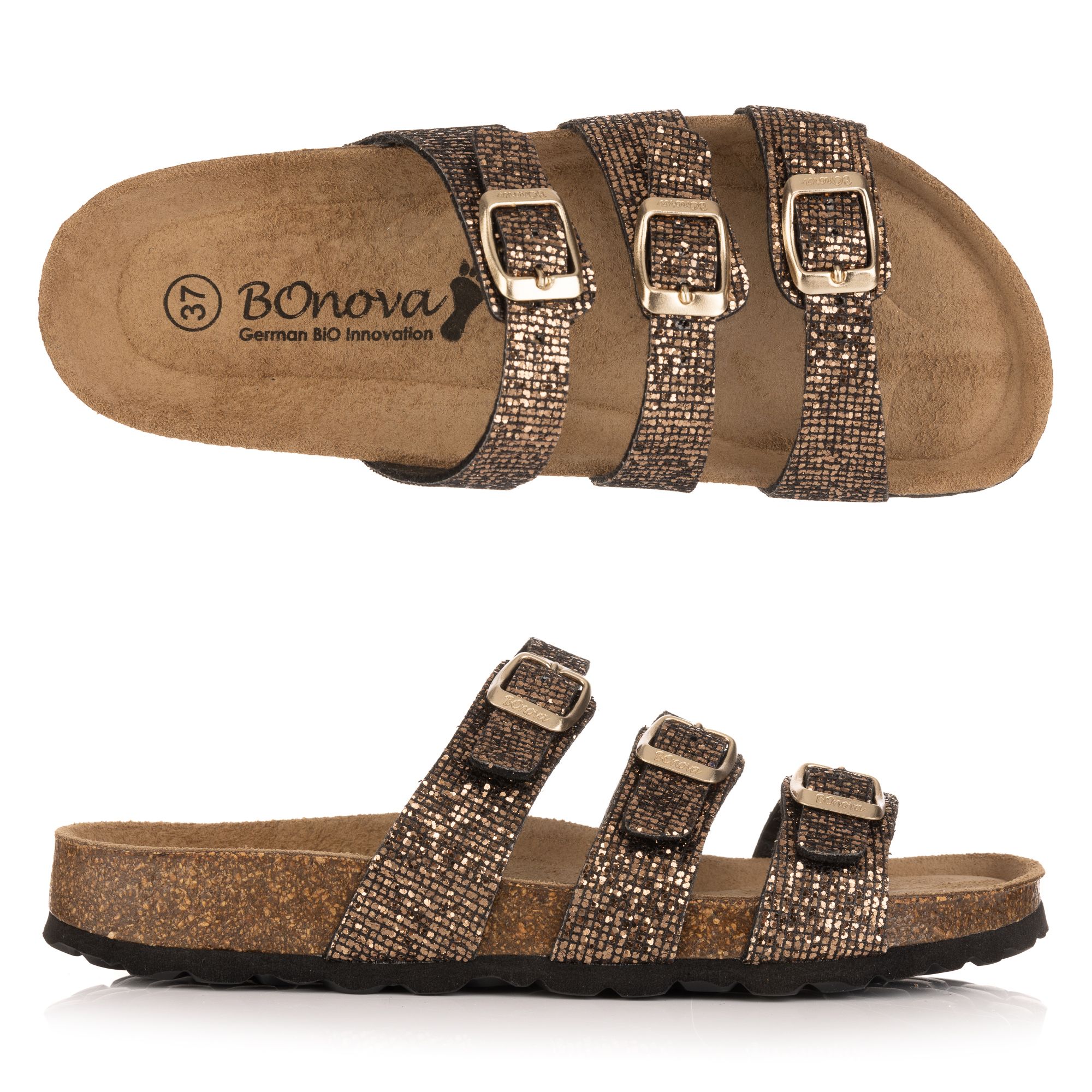B-Ware BONOVA Damen-Pantolette Glitzer-Brokat 3 verstl. Riemen