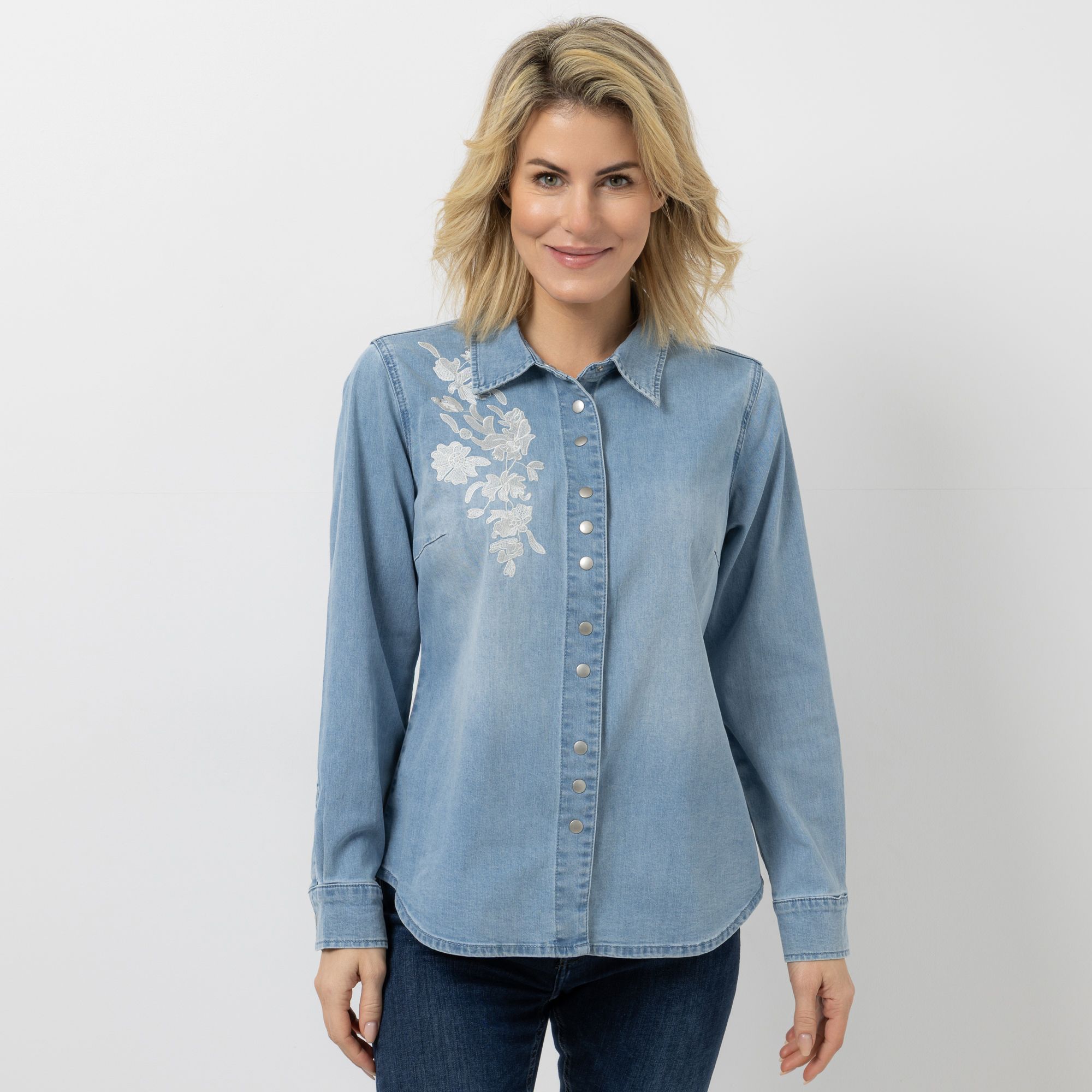 B-Ware VIA MILANO Jeanshemd, 1/1-Arm Druckknopfleiste Stickerei vorne