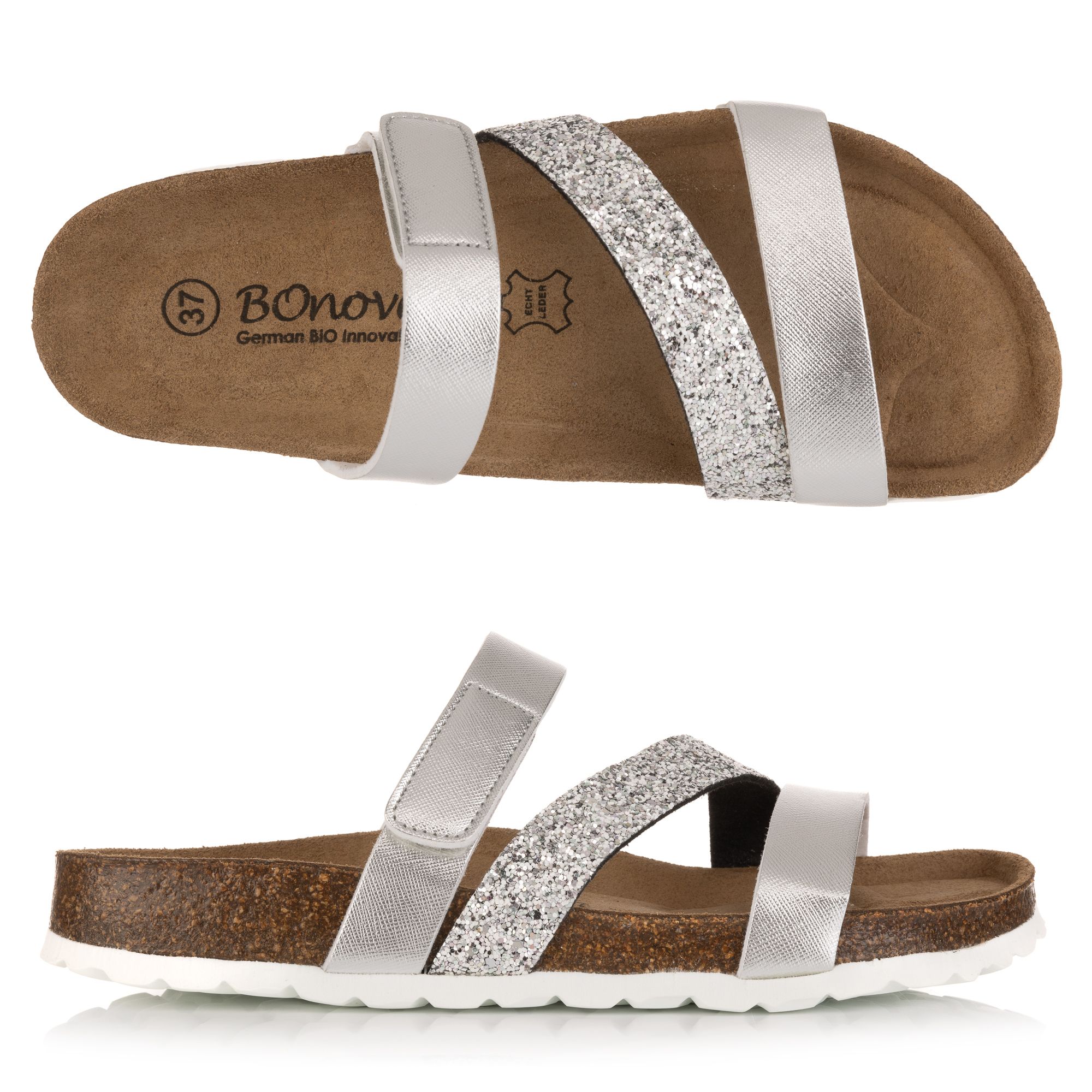 B-Ware BONOVA Damen-Pantolette Bonoperlato Glitzer Klettverschluss