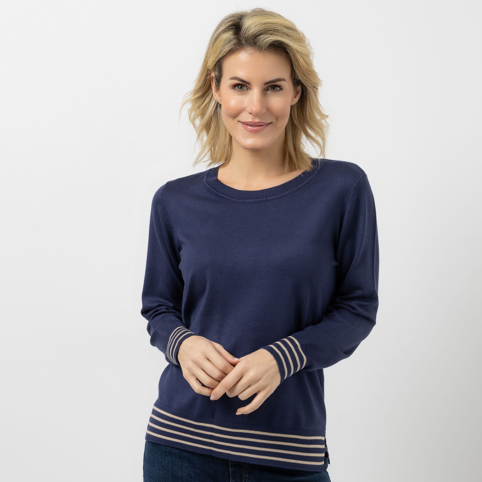 B-Ware DENIM & CO. Pullover Rundhalsausschnitt Seitenschlitze