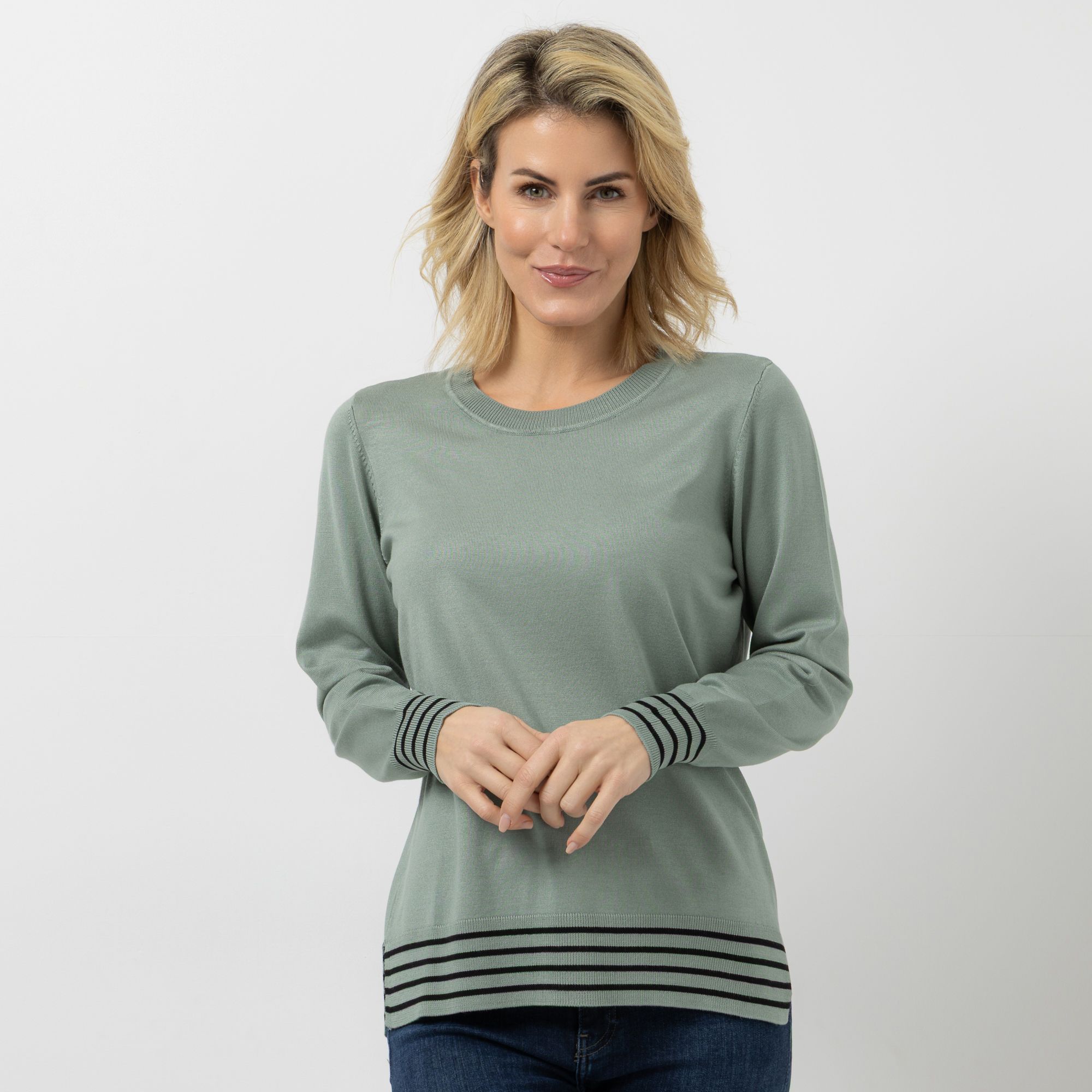 B-Ware DENIM & CO. Pullover Rundhalsausschnitt Seitenschlitze