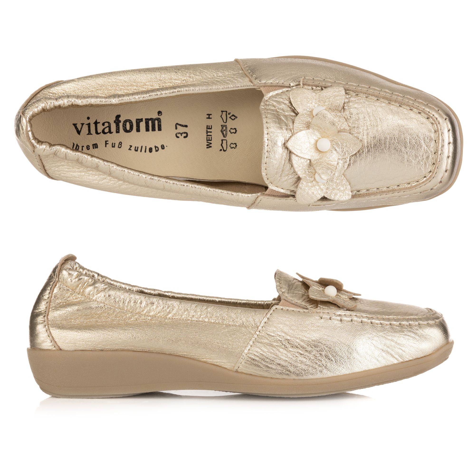 B-Ware VITAFORM Damen-Slipper Hirschleder Metallic Blütenschmuck