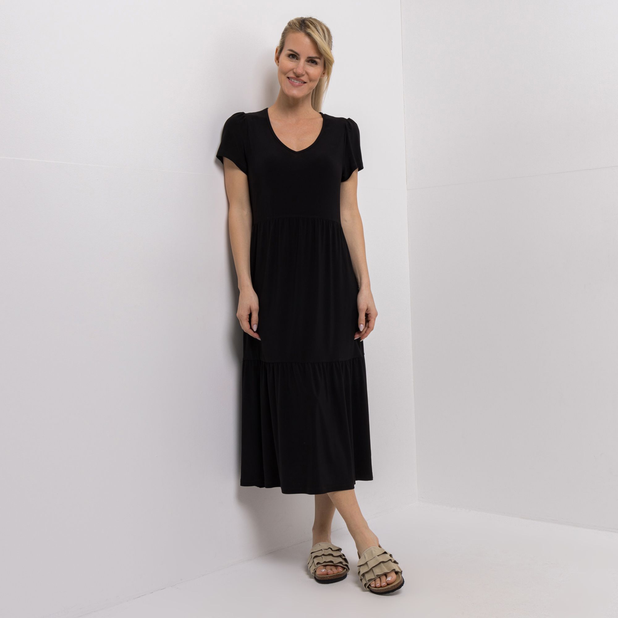 B-Ware KIM & CO. Midi-Kleid Brazil Knit Jersey V-Ausschnitt
