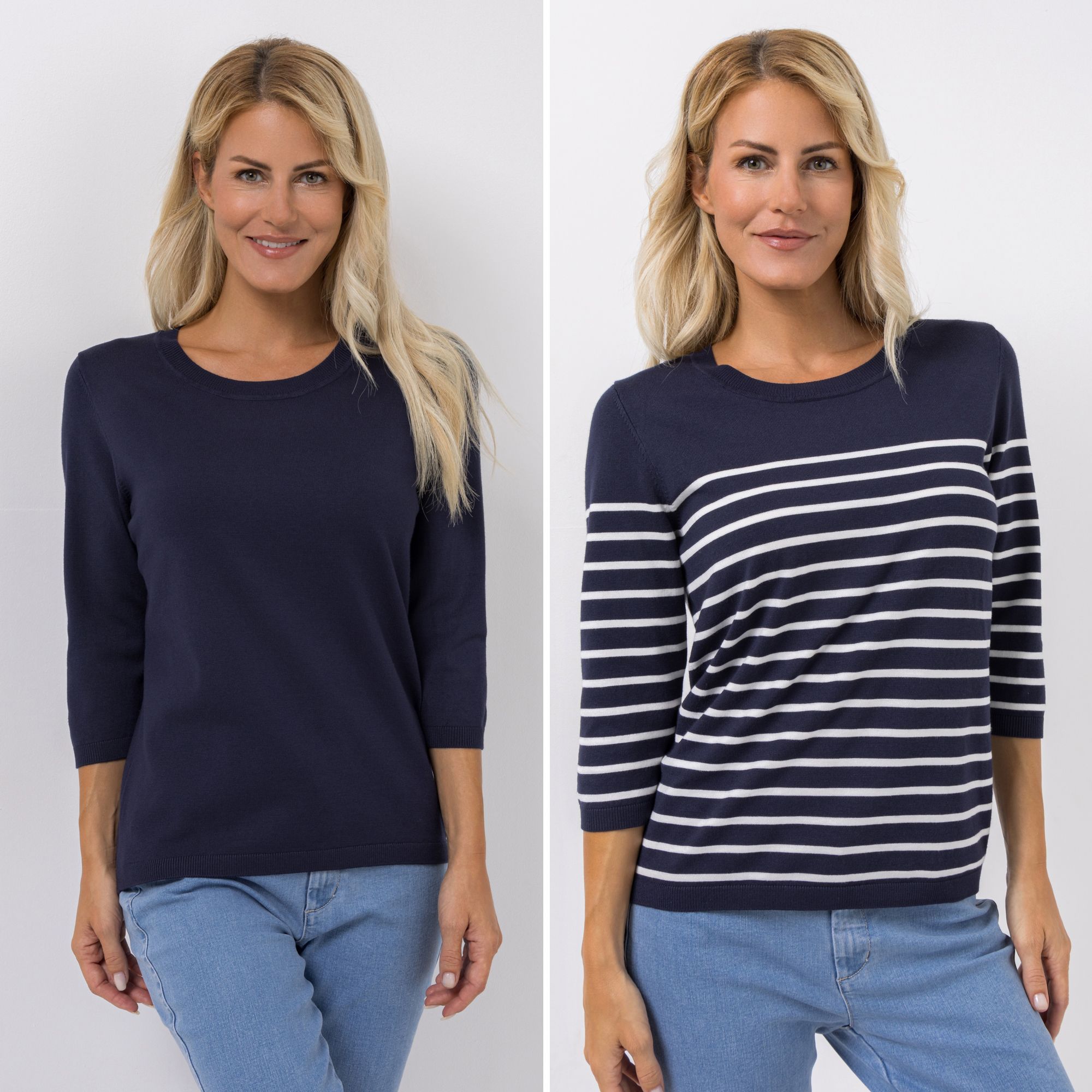 B-Ware DENIM & CO. Doppelpack Pullover 3/4-Arm Rundhalsausschnitt