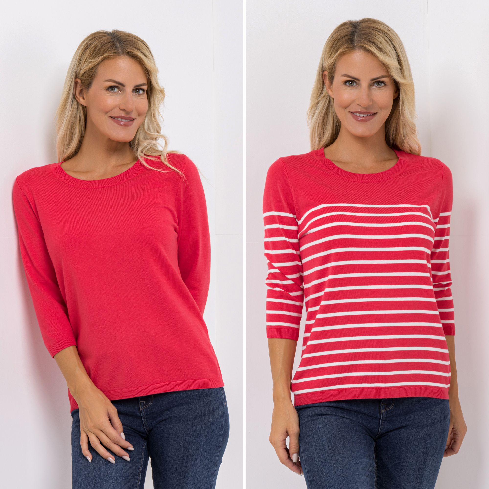 B-Ware DENIM & CO. Doppelpack Pullover 3/4-Arm Rundhalsausschnitt