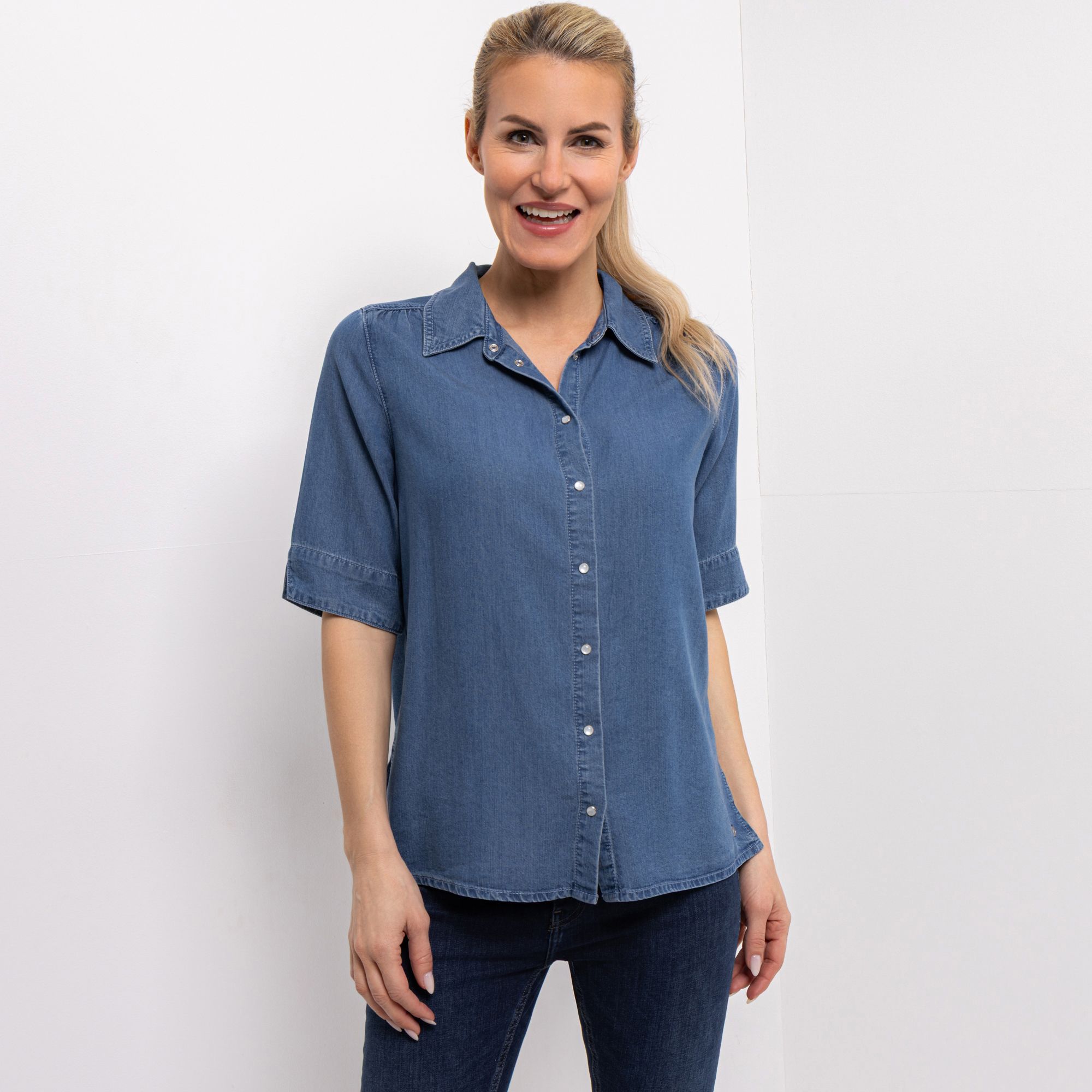B-Ware EVA LUTZ Bluse, langer 1/2-Arm Denim-Optik Druckknöpfe
