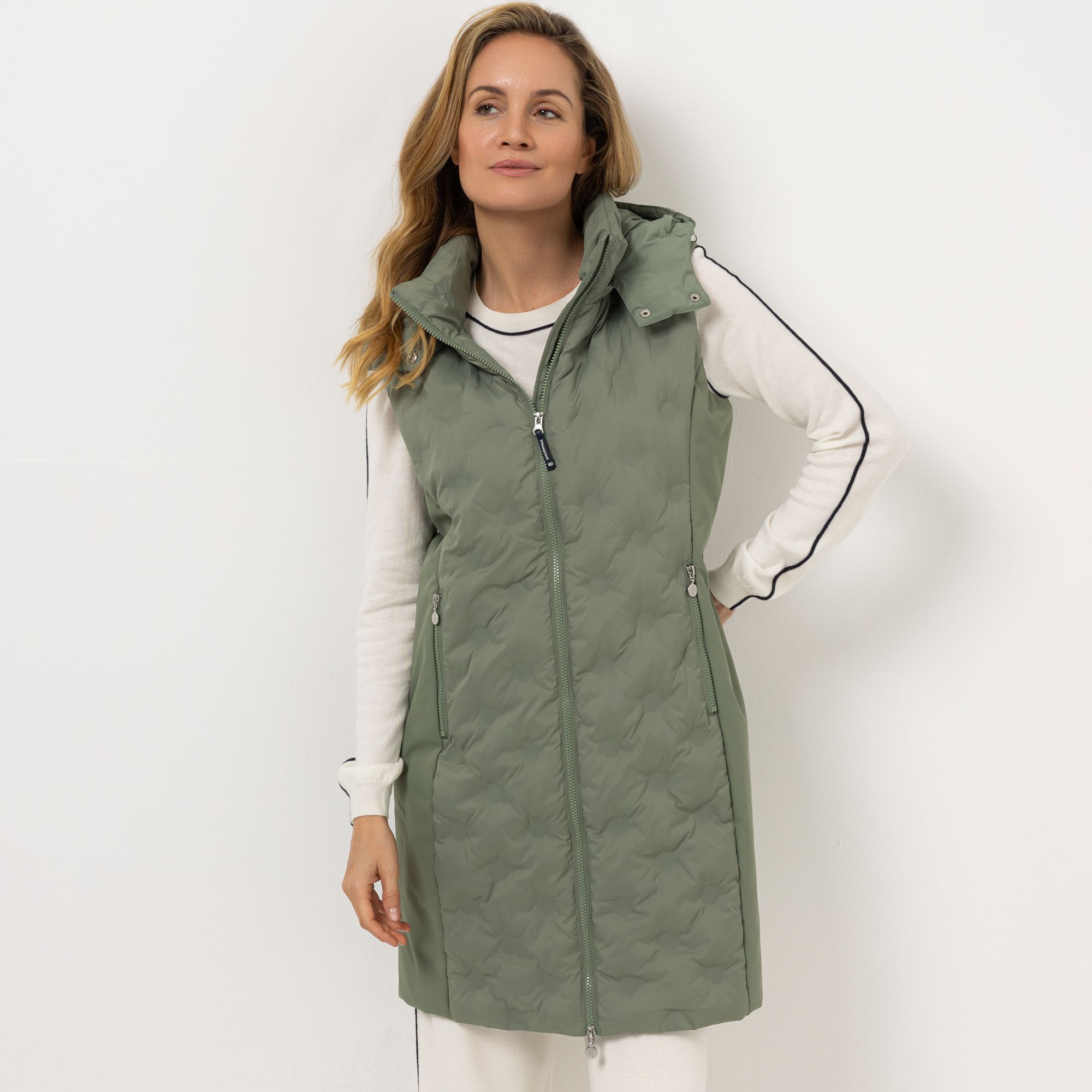 B-Ware STRANDFEIN Longweste Materialmix 2-Wege-Reißverschluss