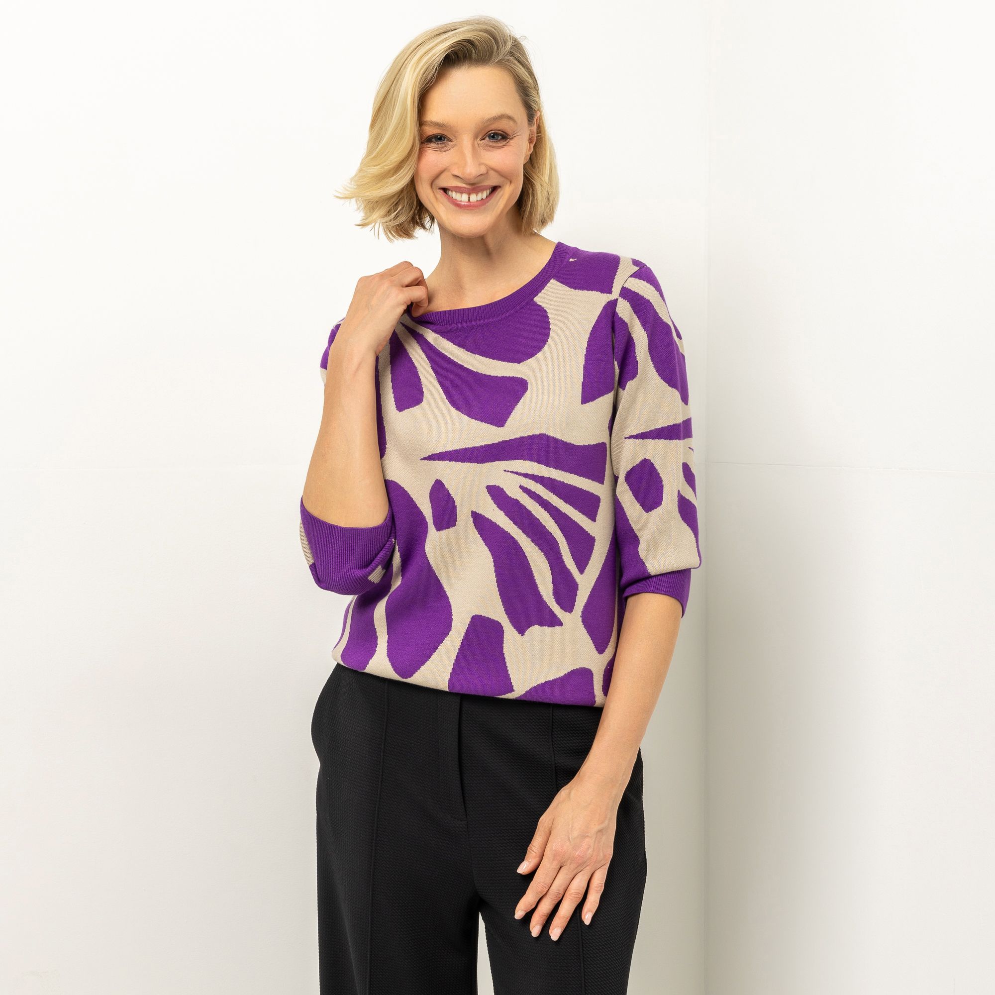 B-Ware VIA MILANO Pullover, 3/4-Arm Rundhalsausschnitt Jacquard-Muster