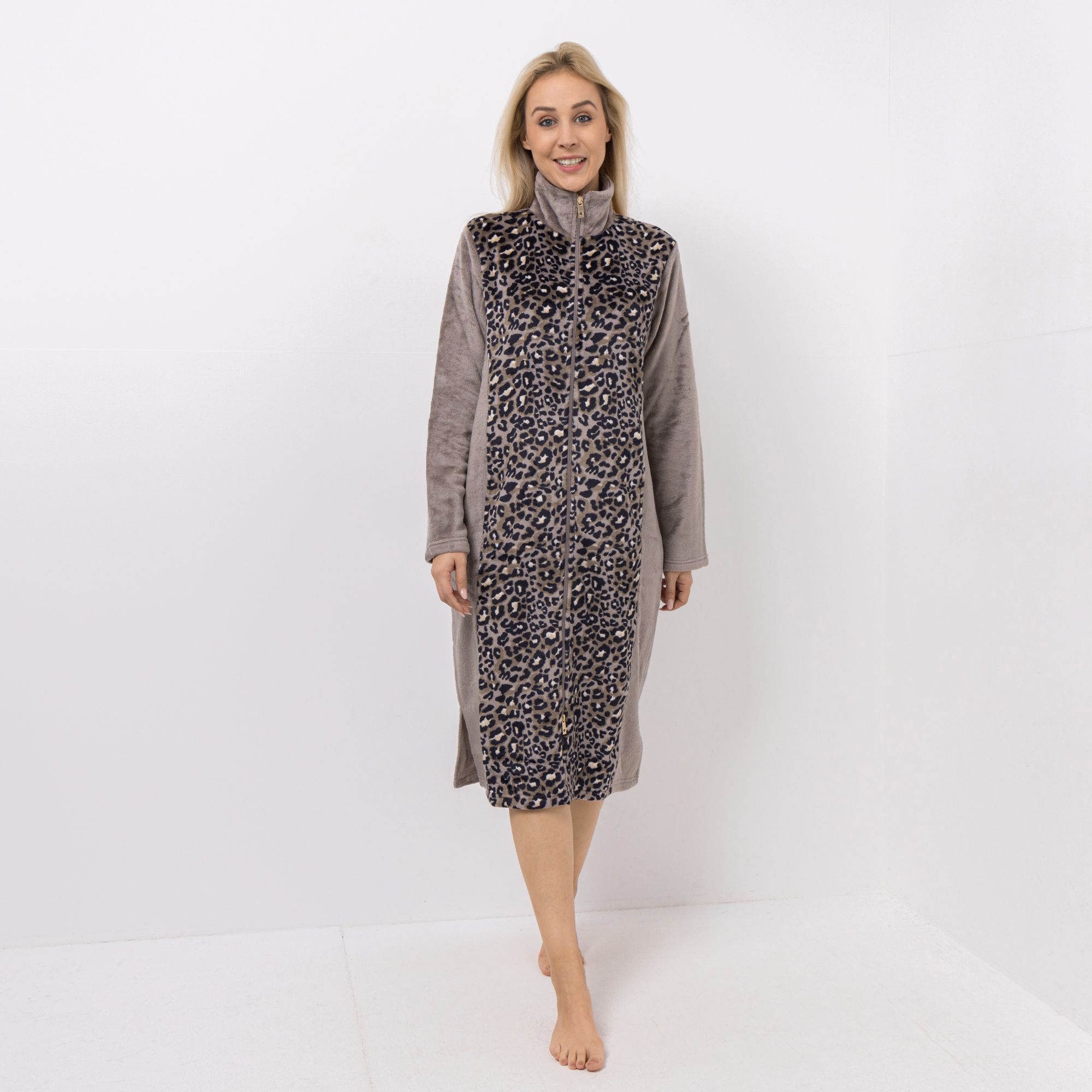 B-Ware MONT CHALET Damen-Hauskleid Animaldrucke Mikrofaser Chinchilla