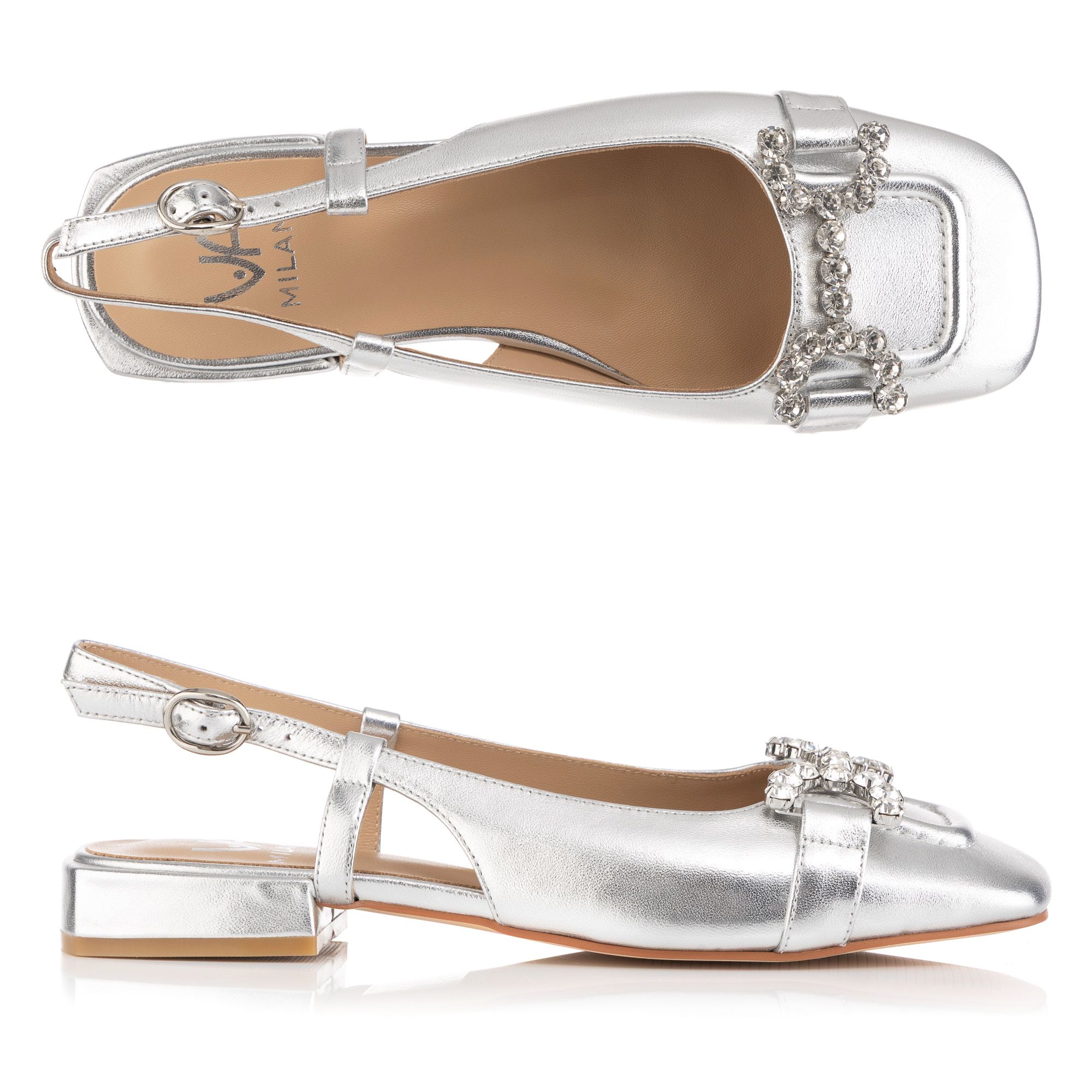 B-Ware VIA MILANO Damen-Pump offen echt Leder Strass-Schnalle