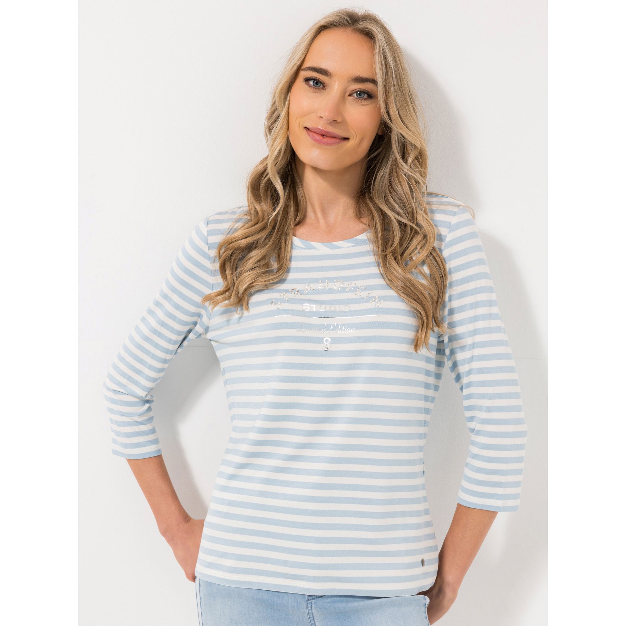 B-Ware STRANDFEIN Ringelshirt, 3/4-Arm Rundhalsausschnitt Perlen-Logo