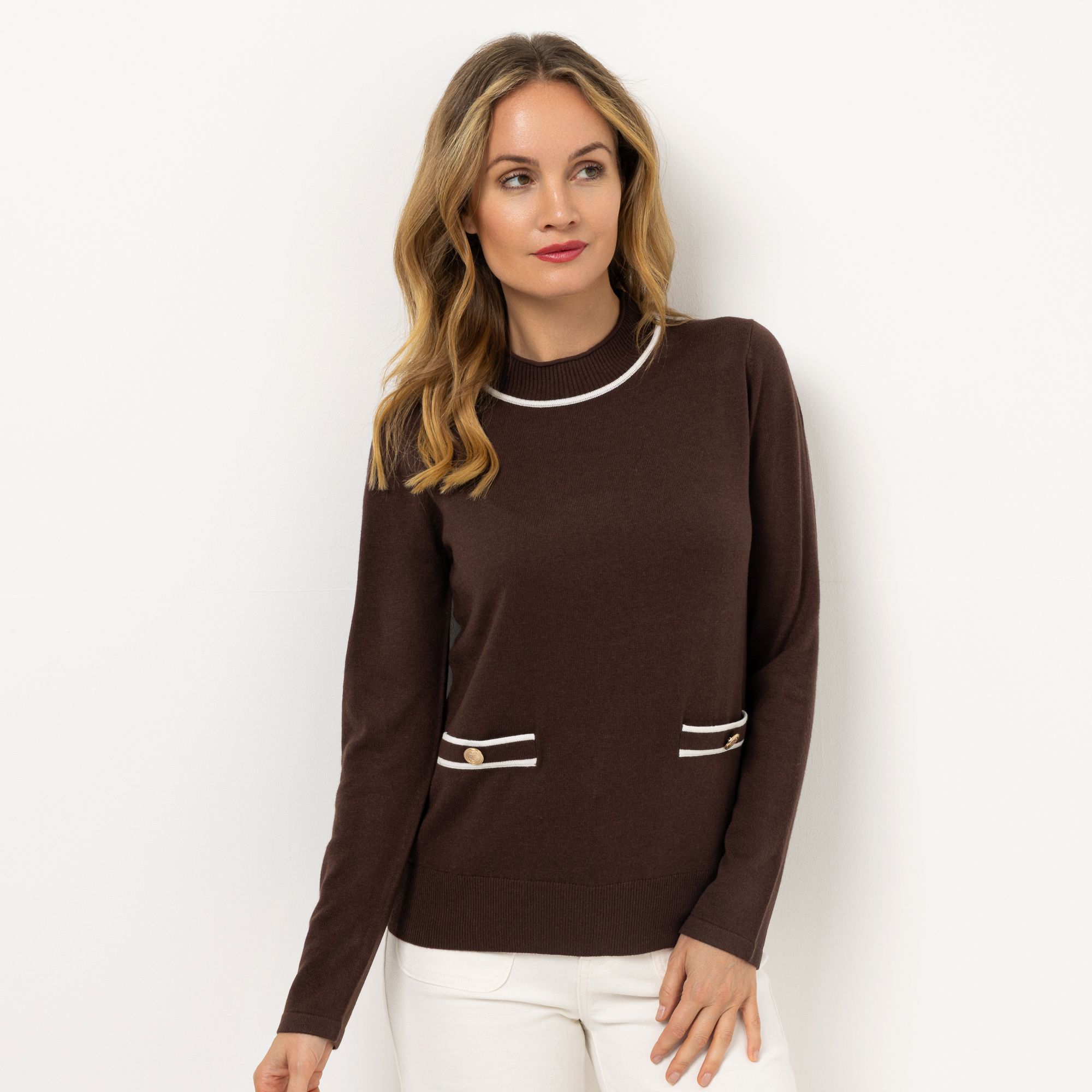 B-Ware STRANDFEIN Pullover leichter Stehkragen Schmuckknöpfe