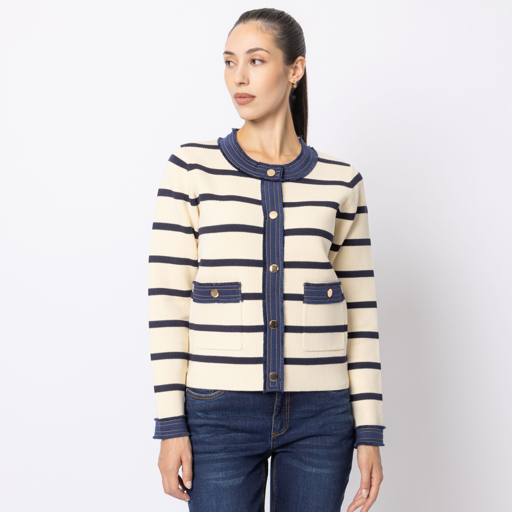 B-Ware STEFFEN SCHRAUT Cardigan, langarm Denim-Details Rundhalsausschnitt