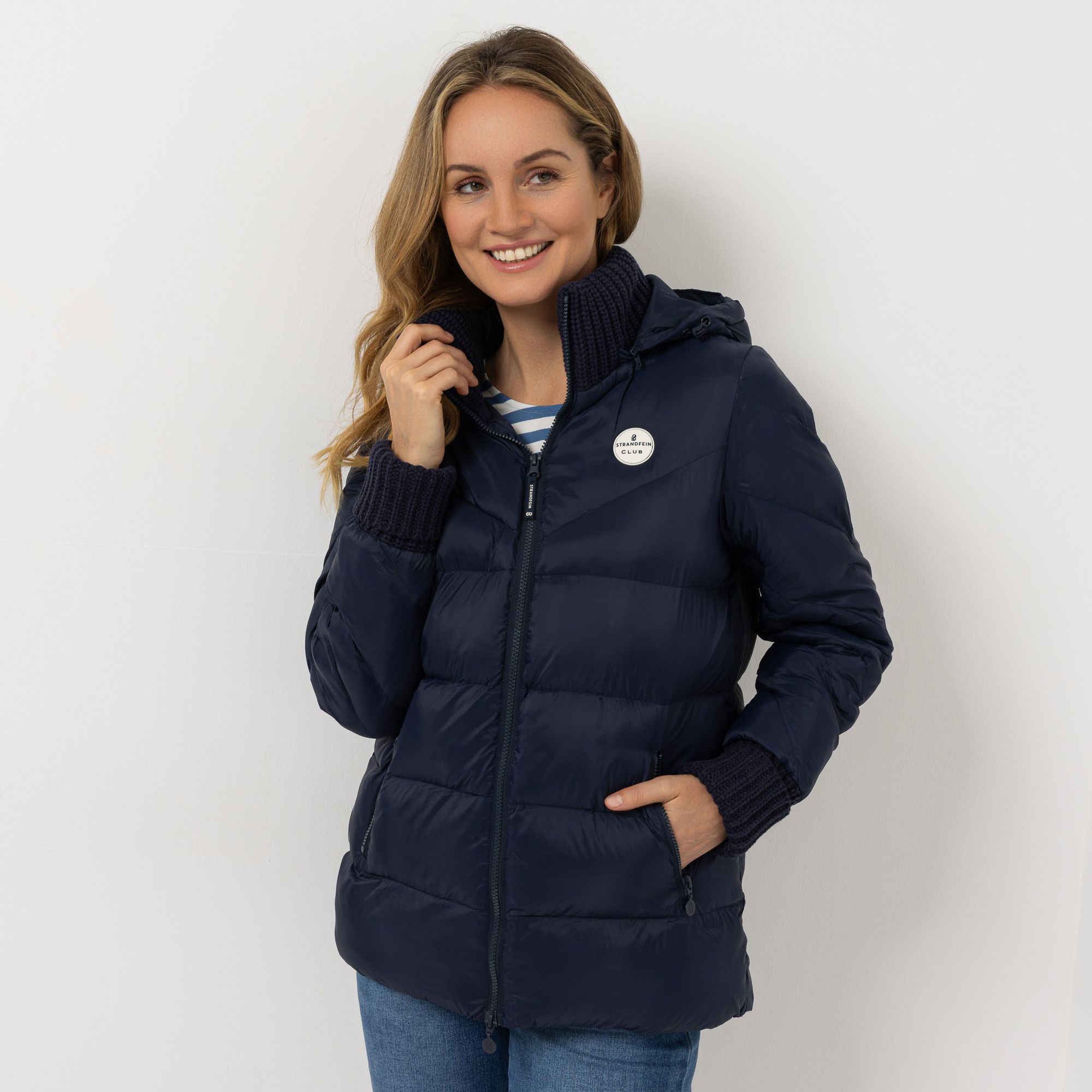 B-Ware STRANDFEIN Steppjacke Strickabschlüsse abnehmbare Kapuze