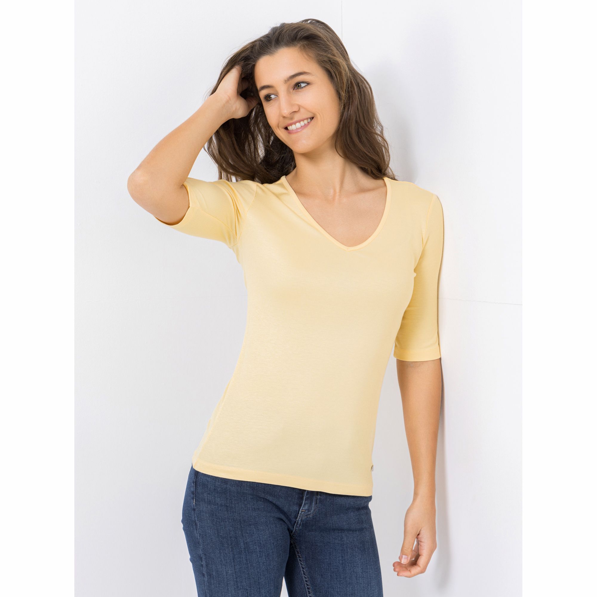 B-Ware EVA LUTZ Shirt, langer 1/2 Arm V-Ausschnitt Rippen-Struktur